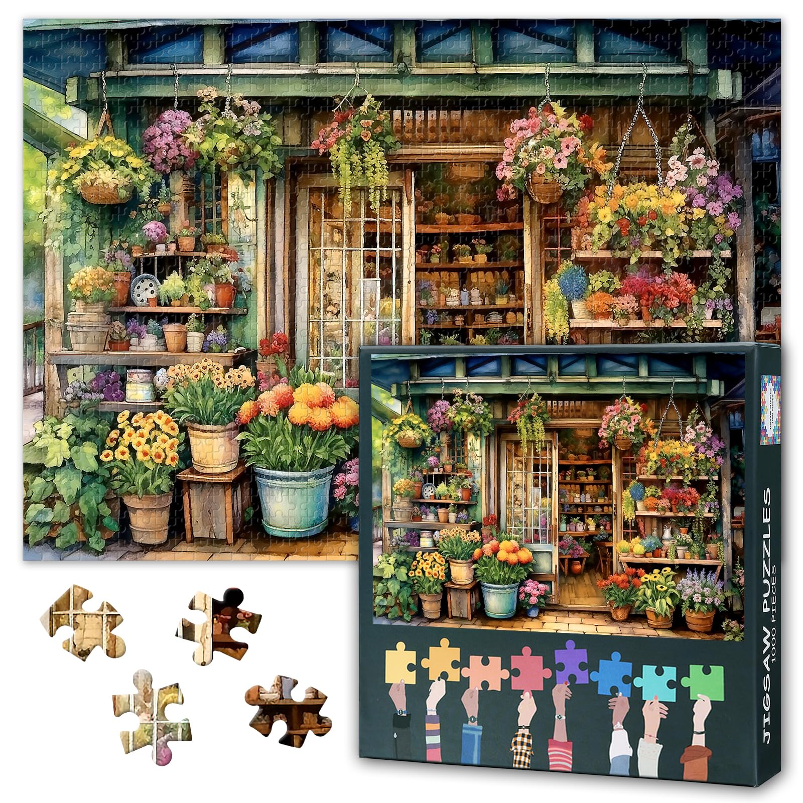 1000 Piece Jigsaw Puzzle for Adults Vintage Flower Shop Exterior in Dreamy Watercolor Style Jigsaw Puzzles Whimsical Art Paper Puzzles 50.5x70.5cm