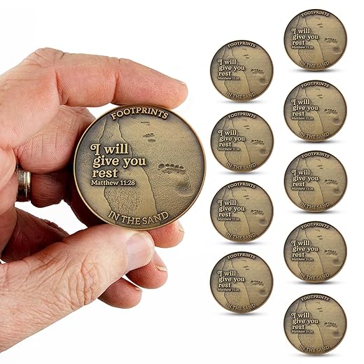 Footprints in the Sand Coin Pack of 1 - Matthew 11:28 I Will Give You Rest - 1.75" Antique Gold Color Plated Christian Challenge Coin - Scripture Pocket Token - Bible Verse Gifts for Prayer & Peace