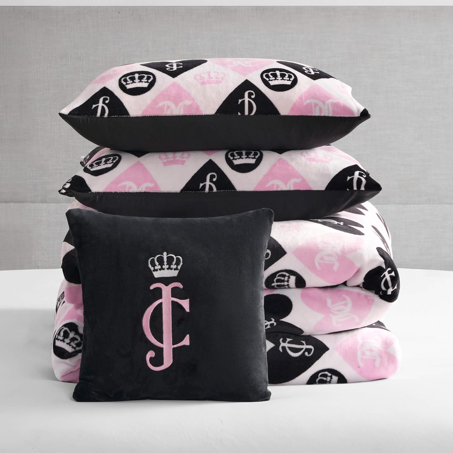 Juicy Couture Plush Reversible Queen Heart Logo 4-Piece King Comforter Set with Decorative Pillow, Pink