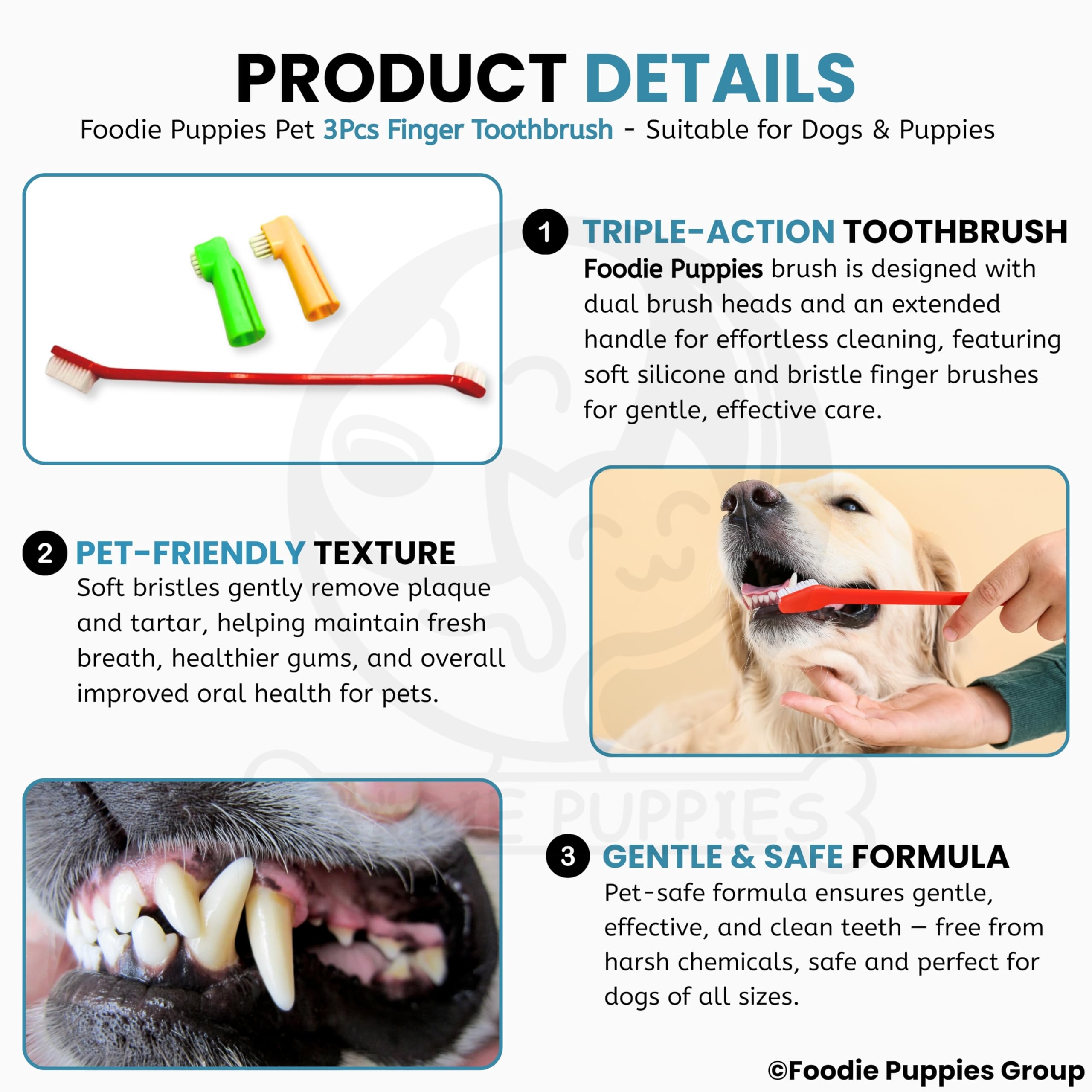 Foodie Puppies Dog Dental Toothbrush Set of 2 with 1 Double Headed Brush, Finger Toothbrush All Breed Cats, Dogs, and Puppies (Color May Vary) 1