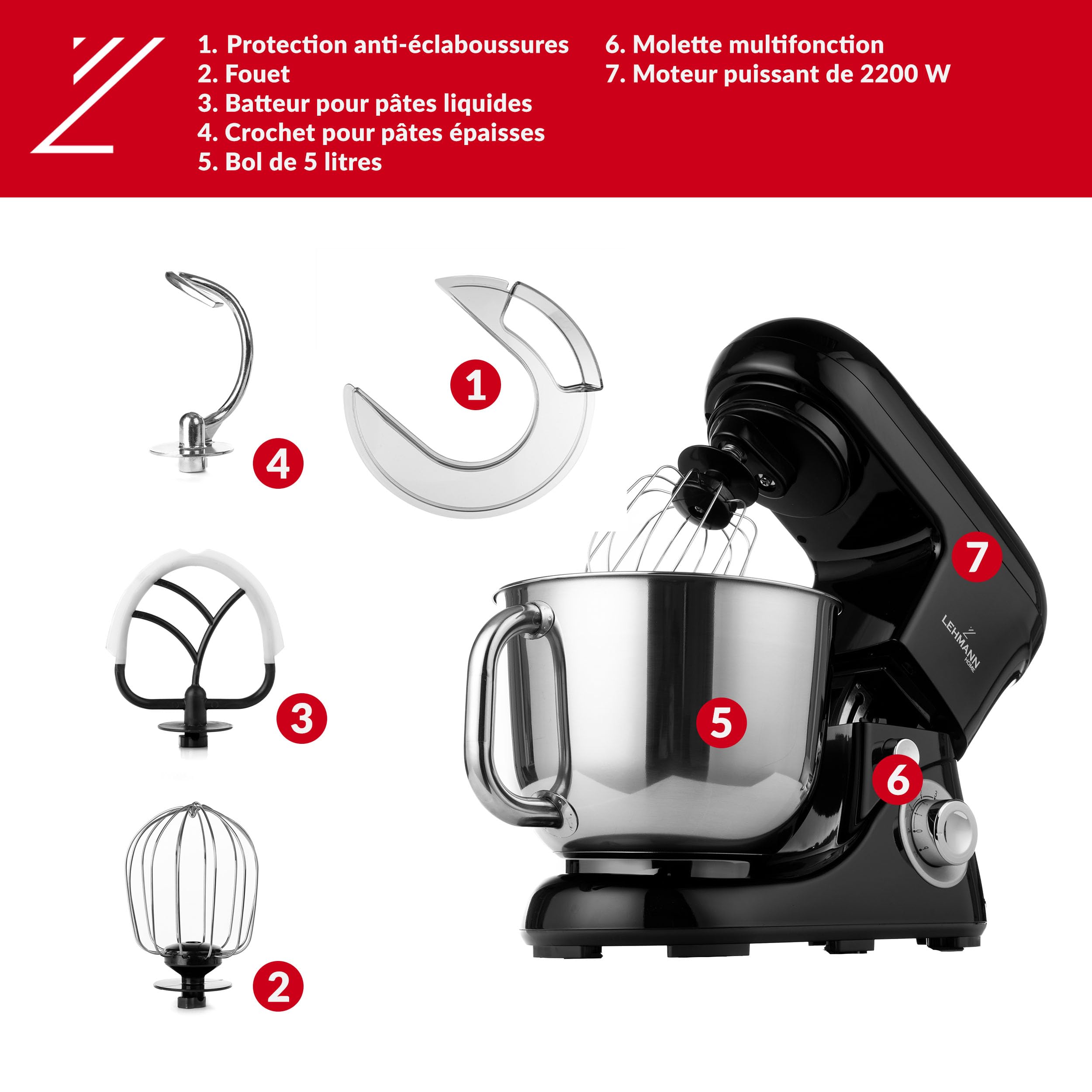 LEHMANN LHOPM-1305C Robot Pâtissier Multifonction 2200 W, Robot Culinaire à Mouvement Planétaire avec Fouet, Batteur, Crochet, Bol d'Acier Inoxydable 5 Litres, 6 Vitesses et Fonction Pulse, Noir