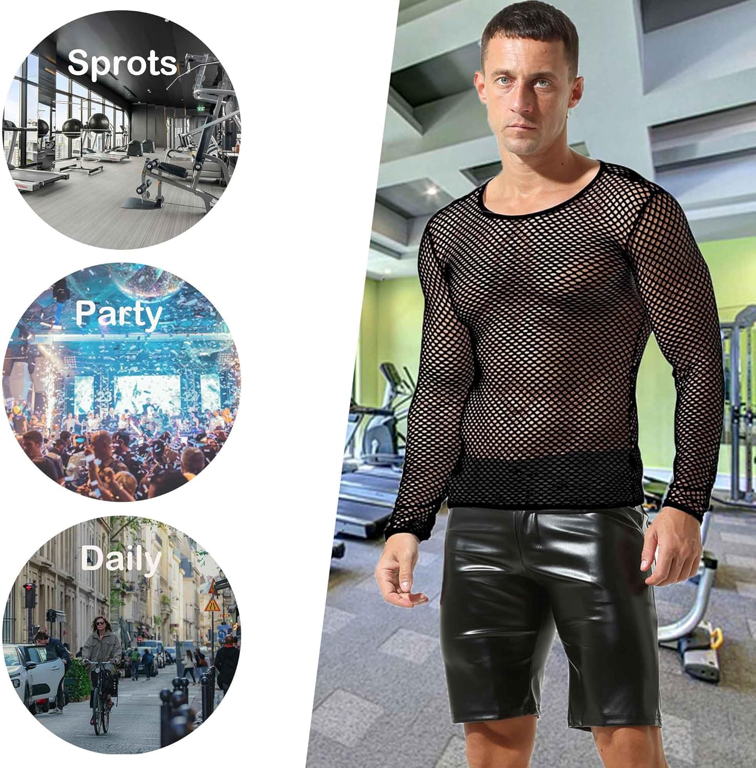 QiaTi Men's Fishnet Shirt Mens Fishnet Top Mesh Transparent Long Sleeve Muscle T-Shirt Net Undershirt Top for Men - Image 4