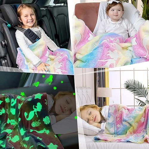 Miniatura 4 de Manta que brilla en la oscuridad, manta suave y acogedora de sirena para niñas, regalo ideal para niños, 50 x 60 pulgadas, colorida