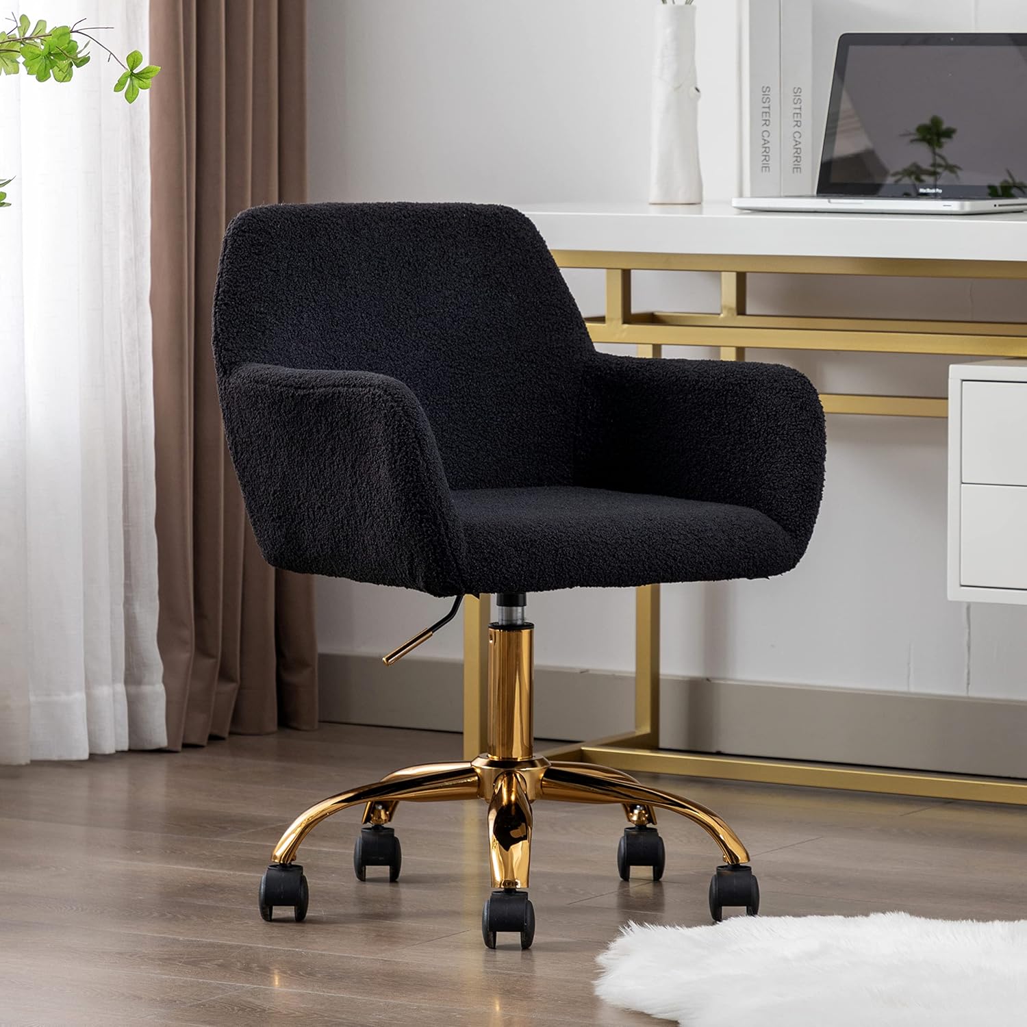 SSLine Faux Fur Vanity Chair Elegant Black Furry Makeup