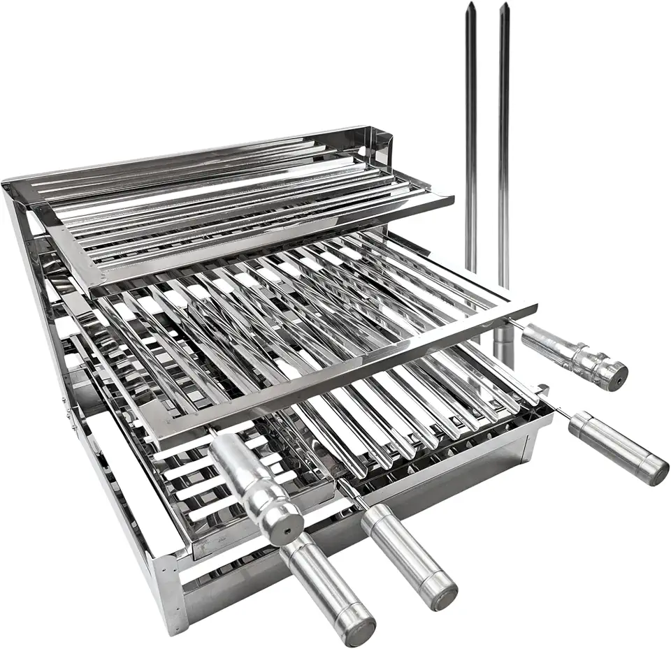Kit Churrasco Inox Completo com Suporte 50x50, Grelha Argentina com Coletor de Gordura, Grelha Uruguaia, Grelha de Descanso, Espeto Cesto 15x50 e 2 Espetos Espada