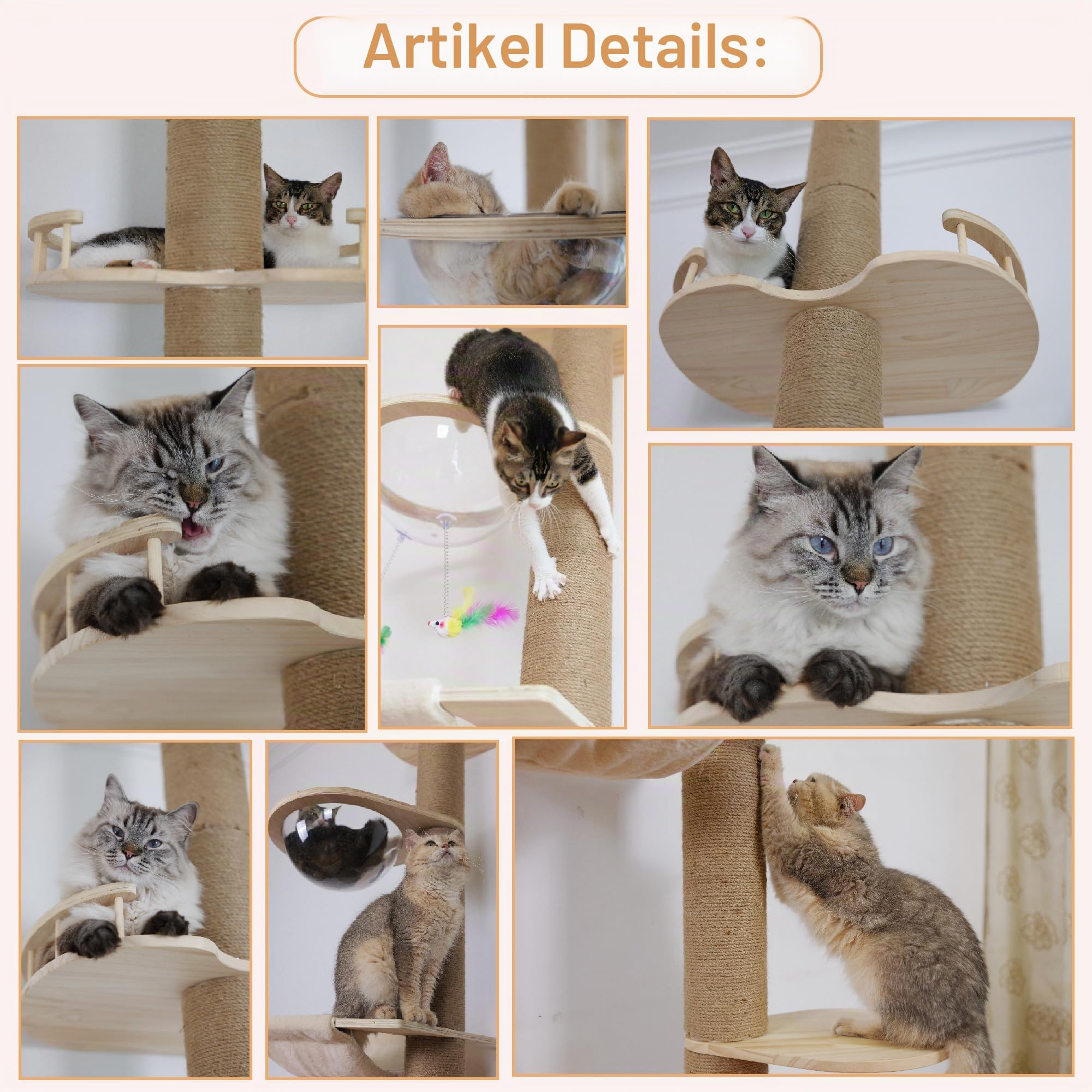Verstellbarer Decken-Katzenbaum (125–300 cm) – 5 Etagen Katzenkratzbaum aus Hanf | Stabiler Aktivitätsbaum für Indoor & Outdoor Nutzung