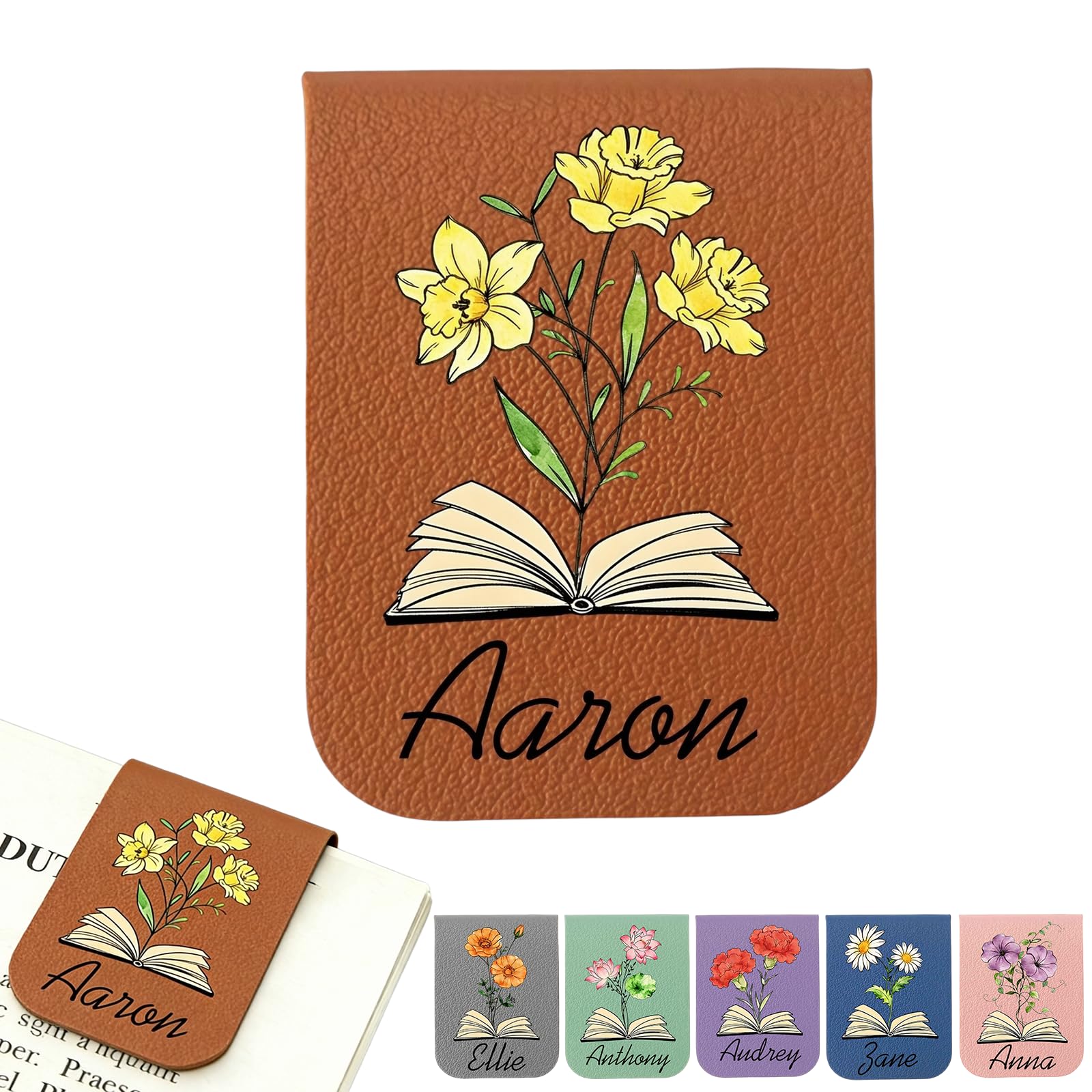 Personalised Magnetic Bookmark, Custom Name Magnetic Bookmark with Birth Flower for Books, Journals & Bibles, Custom Leather Book Marks for Book Lovers, Teacher, Valentine's Day (Brown)