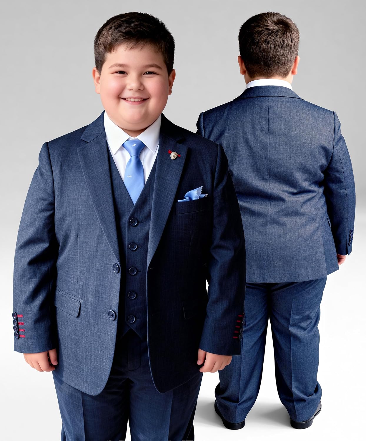 Boys Navy Microcheck Suit Tailored Fit 5 PC Set Regular & Generous Husky Sizes