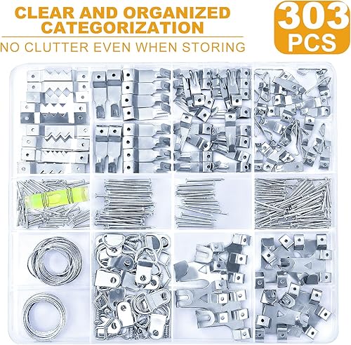 Miniatura 2 de KURUI Kit de colgadores para cuadros de 303 piezas, kit surtido de colgadores para cuadros con ganchos de pared resistentes, dientes de sierra