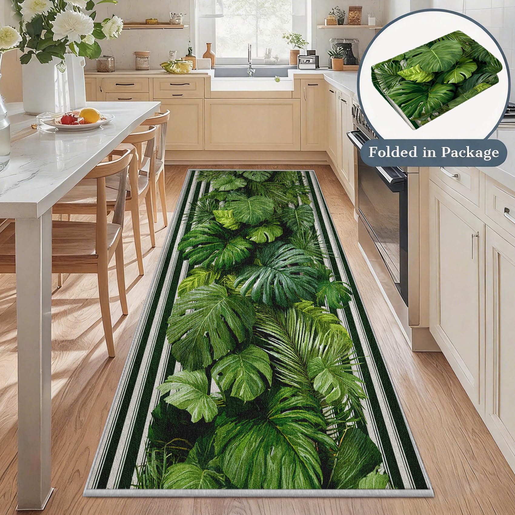 Monstera Blätter Teppich Läufer 60x150, Tropische Pflanze Teppiche Rutschfest Kurzflor Waschbar Bettumrandung Schlafzimmer, Grün Streifen Teppichläufer für Küche Flur Eingangsbereich DML185wq