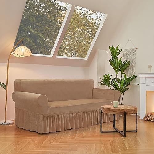 Miniatura 6 de NICEEC Funda para sofá biplaza, súper suave, 1 pieza, color café brillante, elástica, universal, de elastano, para sala de estar, fácil ajuste,