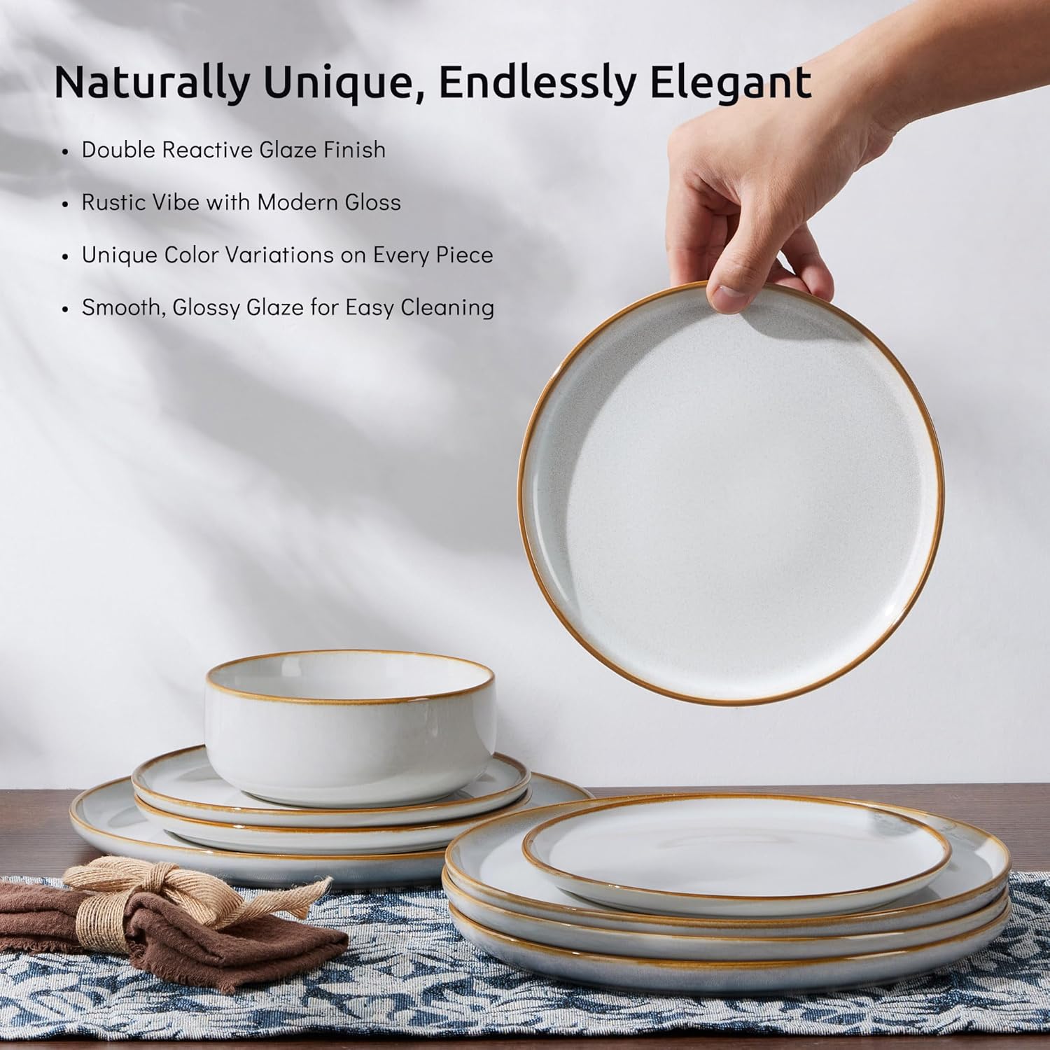 E-far Plates and Bowls Set for 4, 12-Piece Stoneware Dinnerware Sets, Ceramic Dinning Ware Reactive Glaze Dishes Set, Microwave & Dishwasher Safe - Seashell White - Image 4