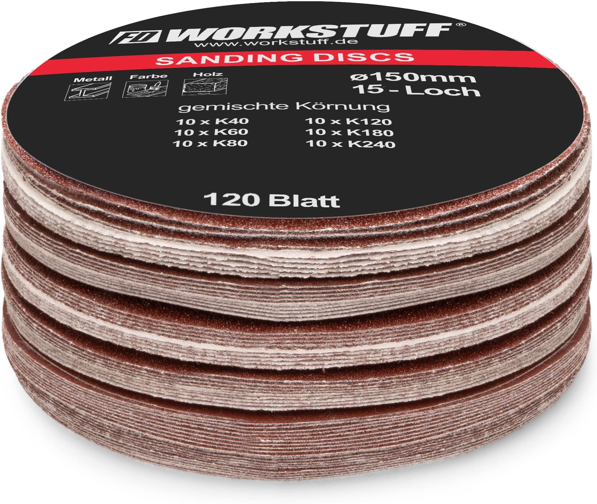Professional Sanding Discs │ 120 Pieces │ 15 Hole │ Diameter 150 mm │ Each 20 x Grit 40/60/80/120/180/240 │ for Random Orbital Sanders │ Sanding Sheets │ Sandpaper │ Sanding Pads │ by FD-Workstuff