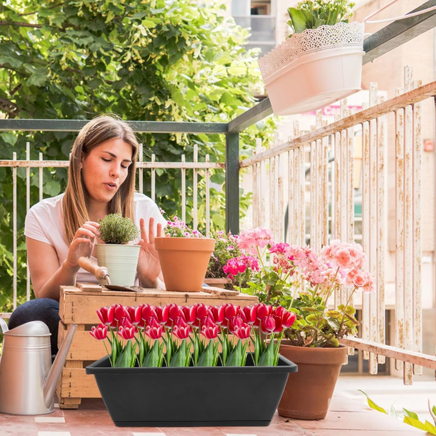 6pcs Black Rectangular Planter Boxes with Saucers Medium Size Vegetable and Indoor Outdoor Garden Pots for Balcony and Patio Planting