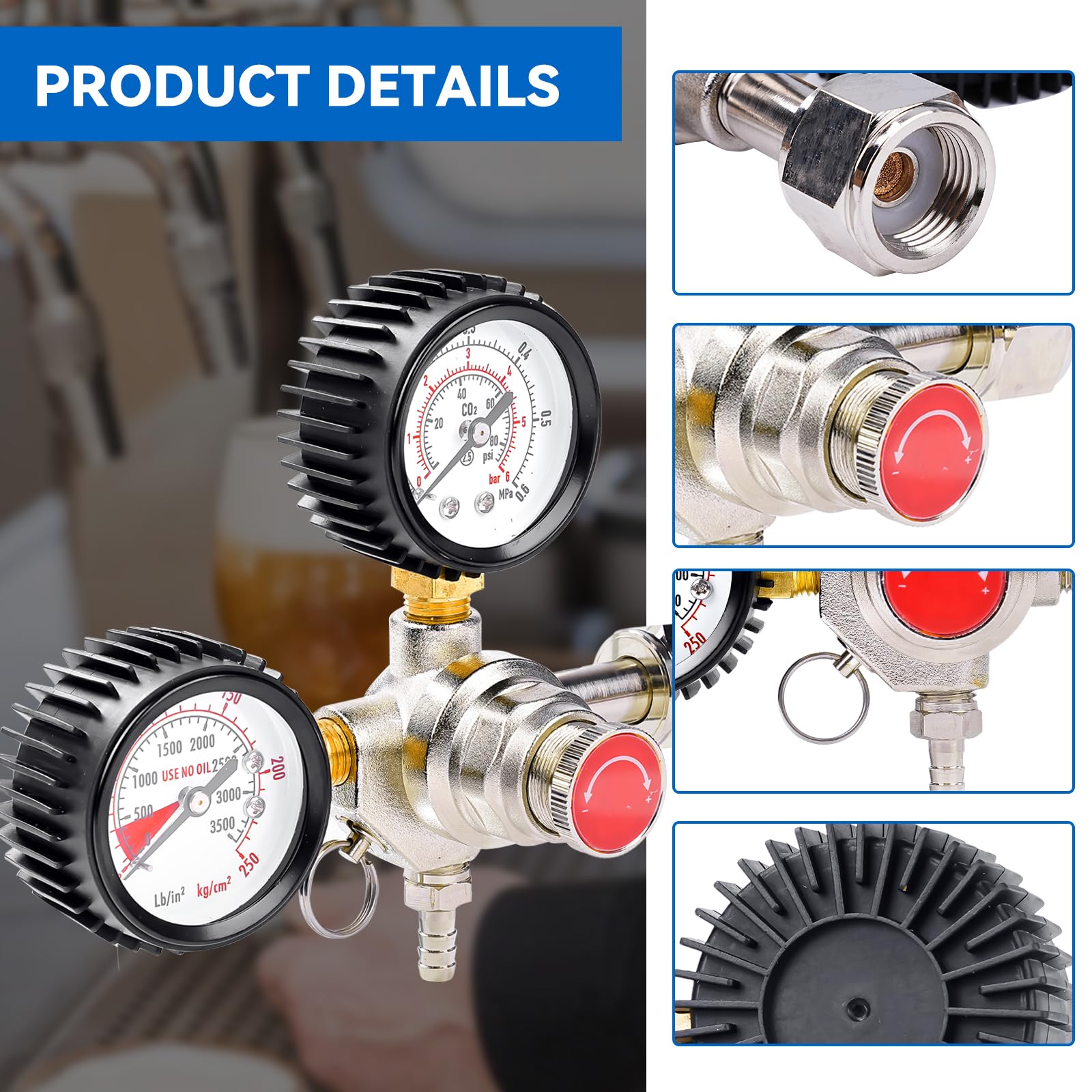 Regulador de Presión CO2, Sistema Dispensador de Cerveza Reductor de Presión con 2 Manómetros Conexión W21.8 x 1/14" Reductor de CO2 para Elaboración de Cerveza