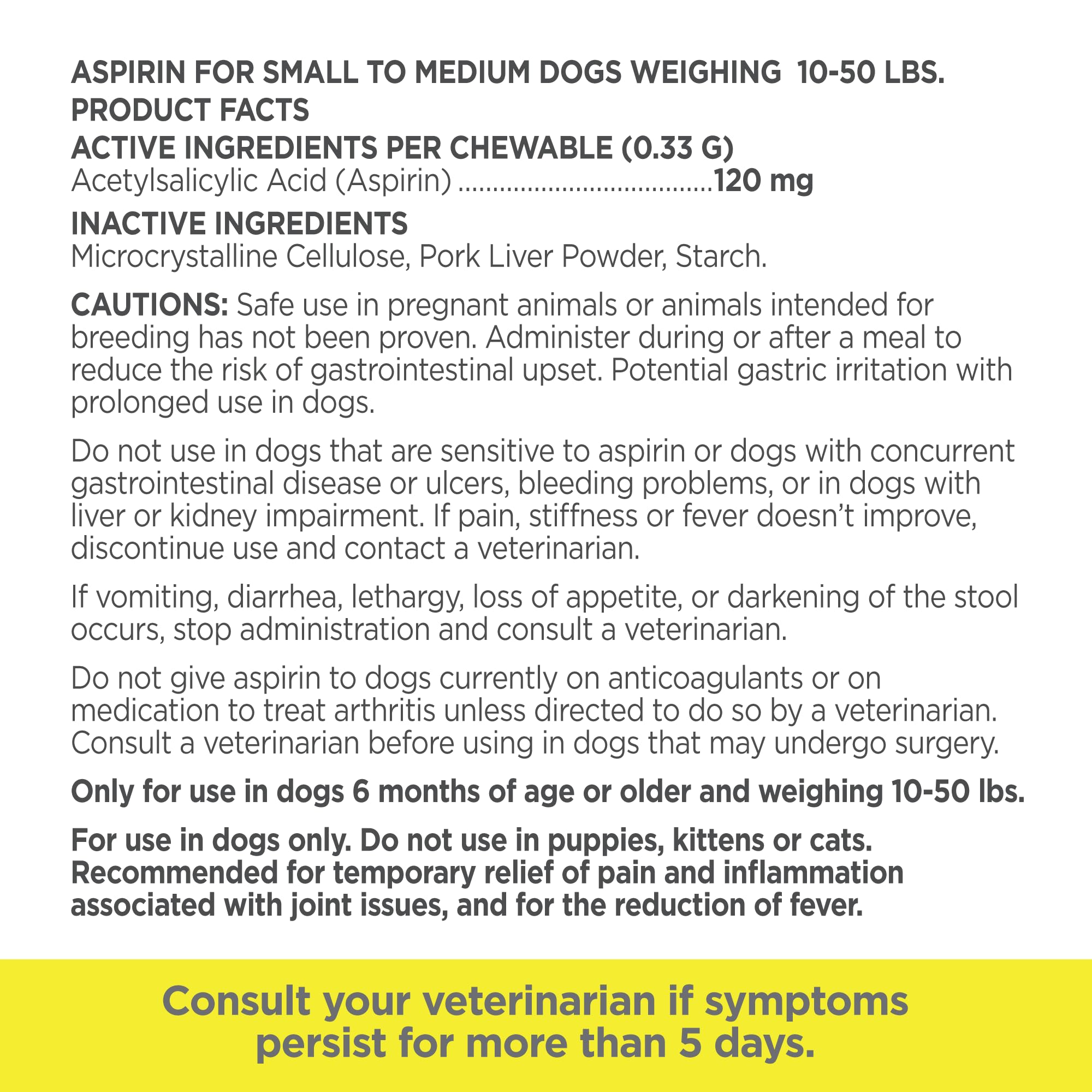 Vetality Aspirina canina para perros | Alivio rápido del dolor | Perros pequeños a medianos | Sabor de hígado | 75 tabletas masticables