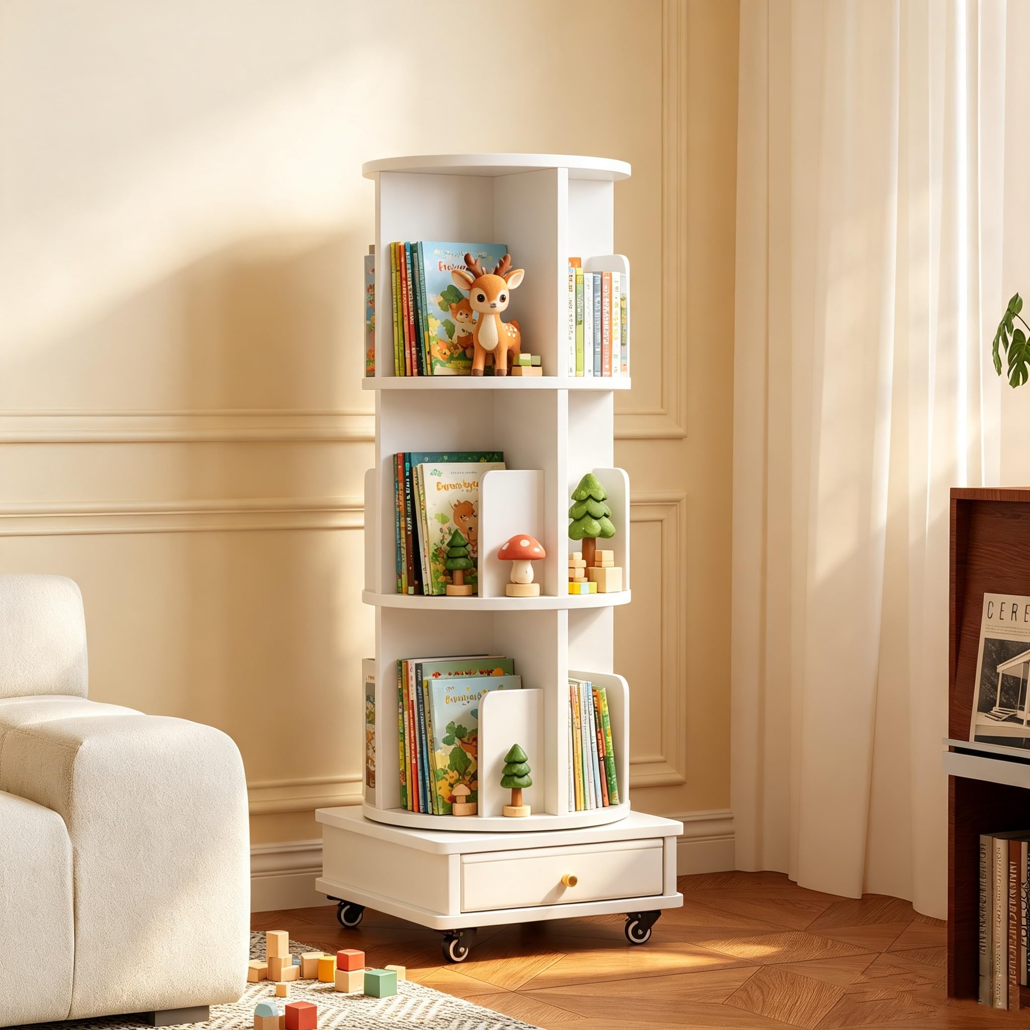 ChromaCasa 3 Tier Rotating Bookshelf 360° Revolving Bookcase with Casters and Drawer, Floor Standing Shelves Space-Saving Storage Organizer for Bedroom Living Room Office