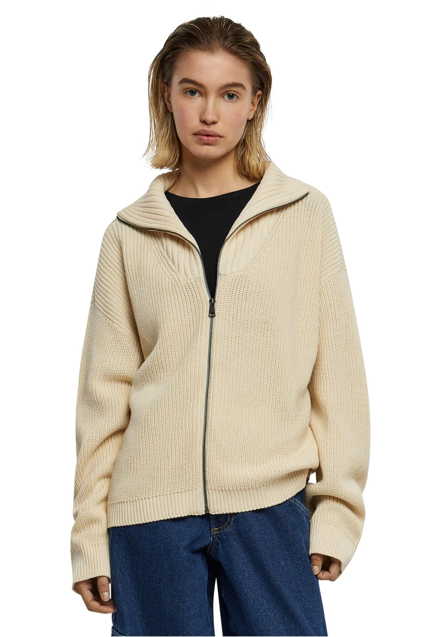Urban Classics Women's Ladies Knitted Zip Cardigan Cardigan Sweater, Sand,