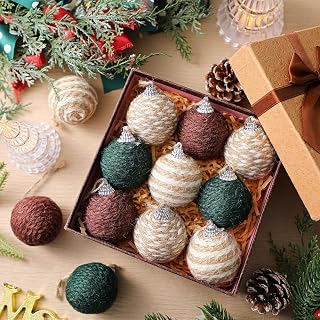 Leinuosen 12 Pcs 2 Inches Christmas Ball Ornaments Boho Farmhouse Jute Rope Hanging Balls Burlap Neutral Rustic Ornaments for Xmas Tree Wreath Garland Home Wedding Party Decor(Classic Color)