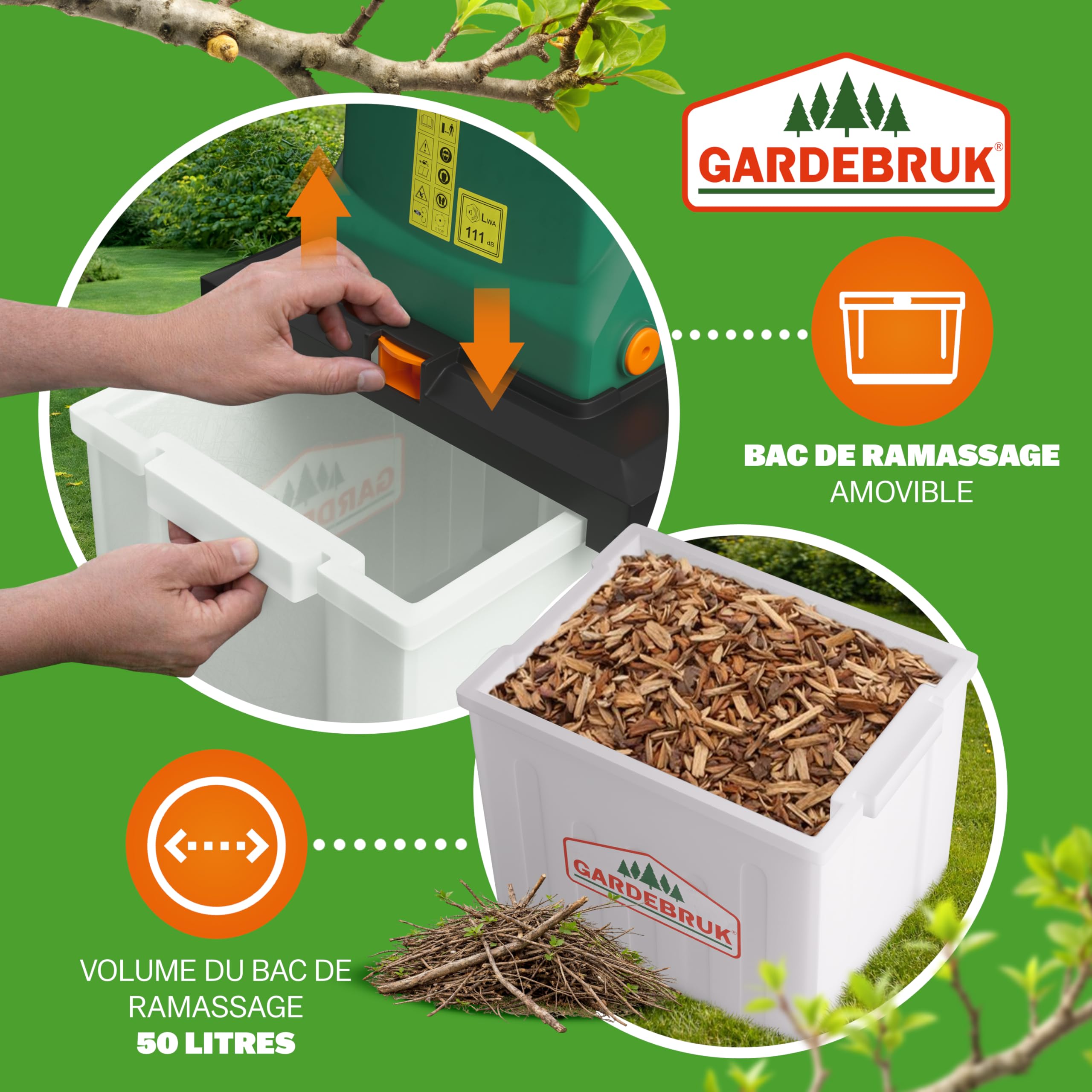 Gardebruk® Broyeur de végétaux électrique 3.1000W broyeur de Branches Couteau Lame Max. 40mm bac 50L broyeur de Jardin déchiqueteur Bois Compost Jardin