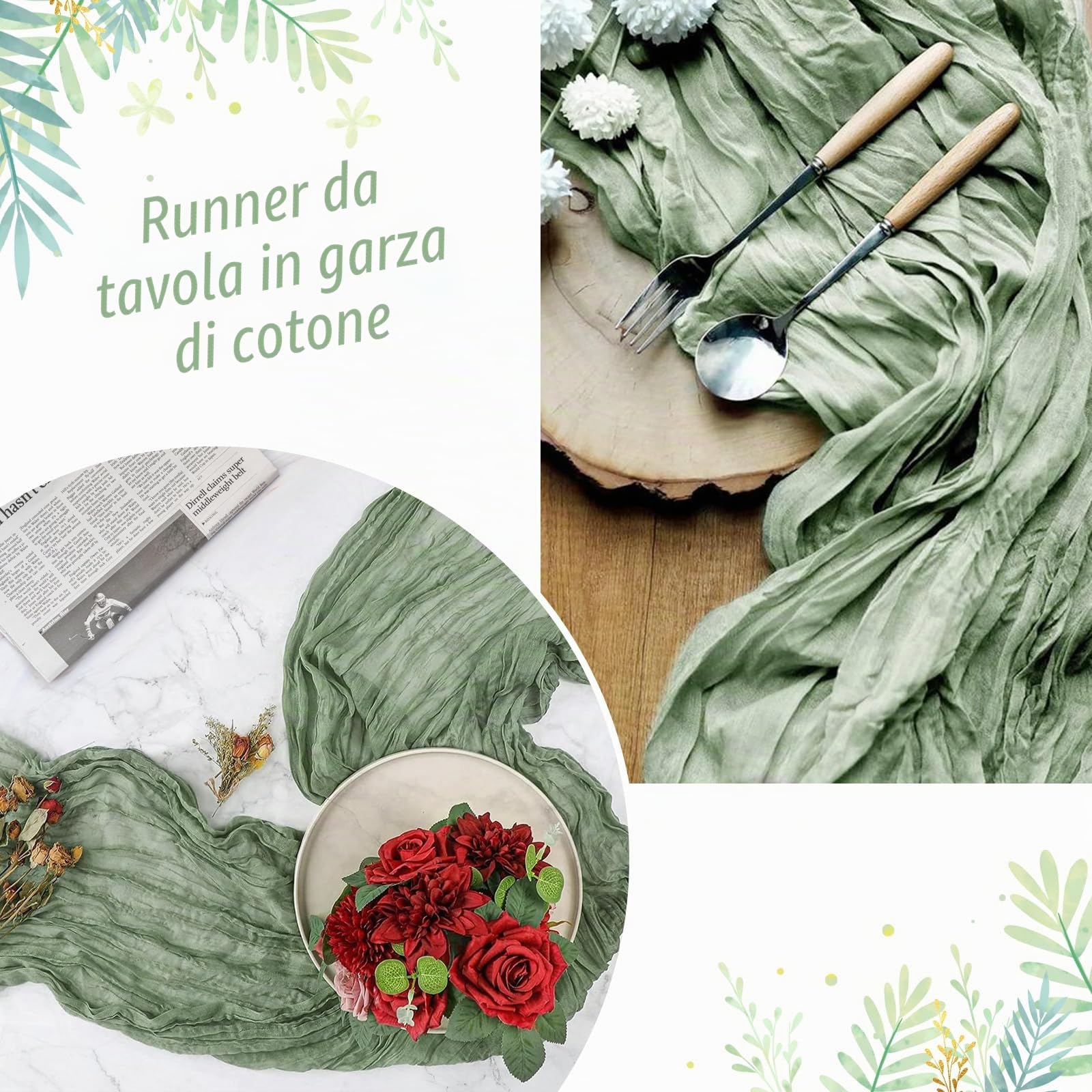 YAOYAIN Runner da Tavola Verde Salvia, 6 Pezzi 90 x 300 cm Boho Runner Verde Lavabile Table Runner, Per Decorazioni Matrimonio, Festa, Decorazioni Tavolo Compleanno, Baby Shower