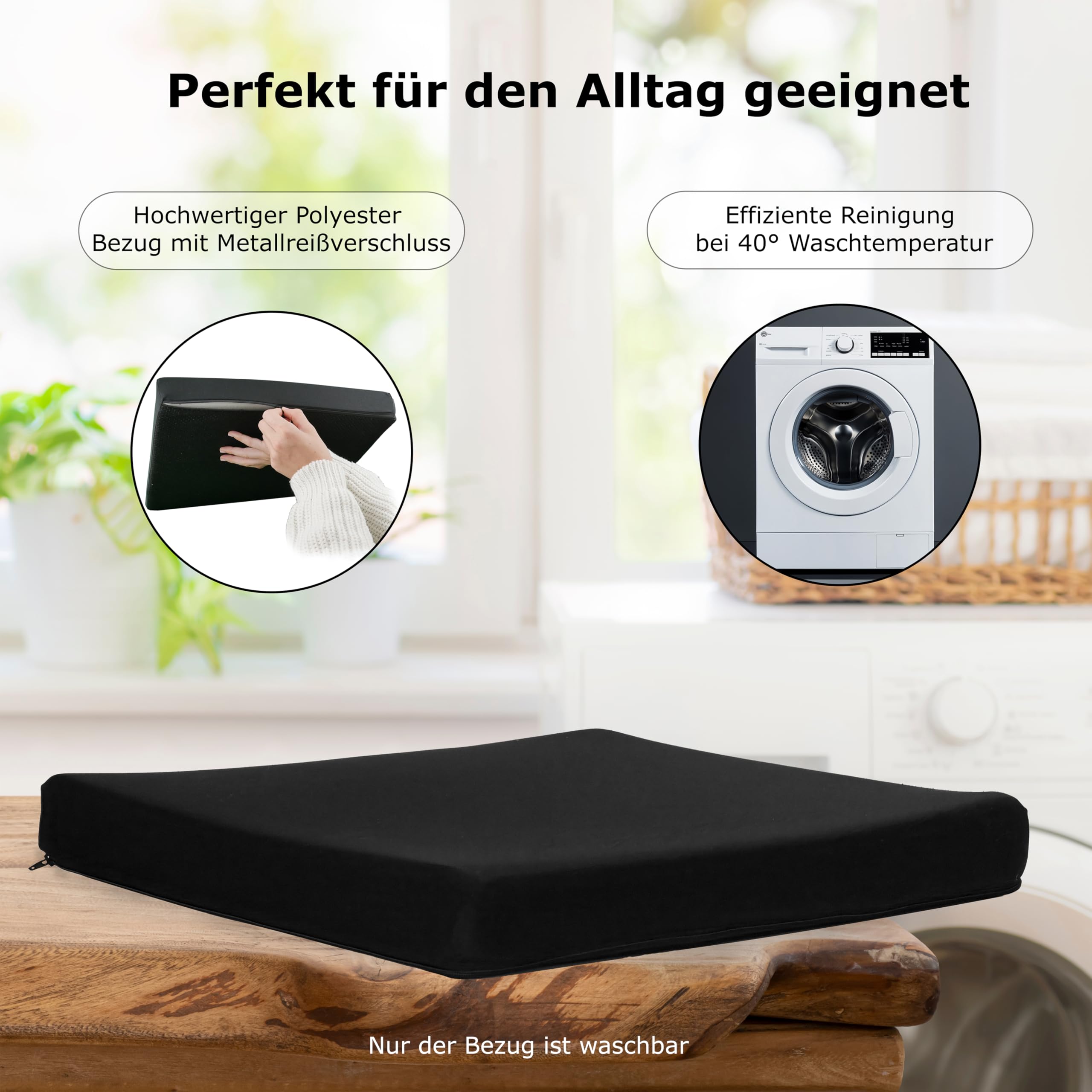 Orthopädisches Anti Dekubitus Gelschaum Sitzkissen 40x40x5 cm – Made in Germany | Ergonomisch & extra kompakt Sitzpolster (RG 60 (weich) Mit Polyester Bezug schwarz)