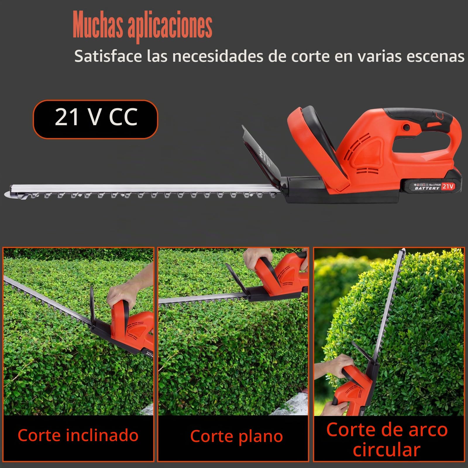 Cortasetos Inalámbrico de 21V con 2 * 3000 mAh Baterías y Cargador, Longitud de la Hoja de 51cm, Separación Entre Dientes, Eléctrico, para Podar Arbustos Mantenimiento del Jardín