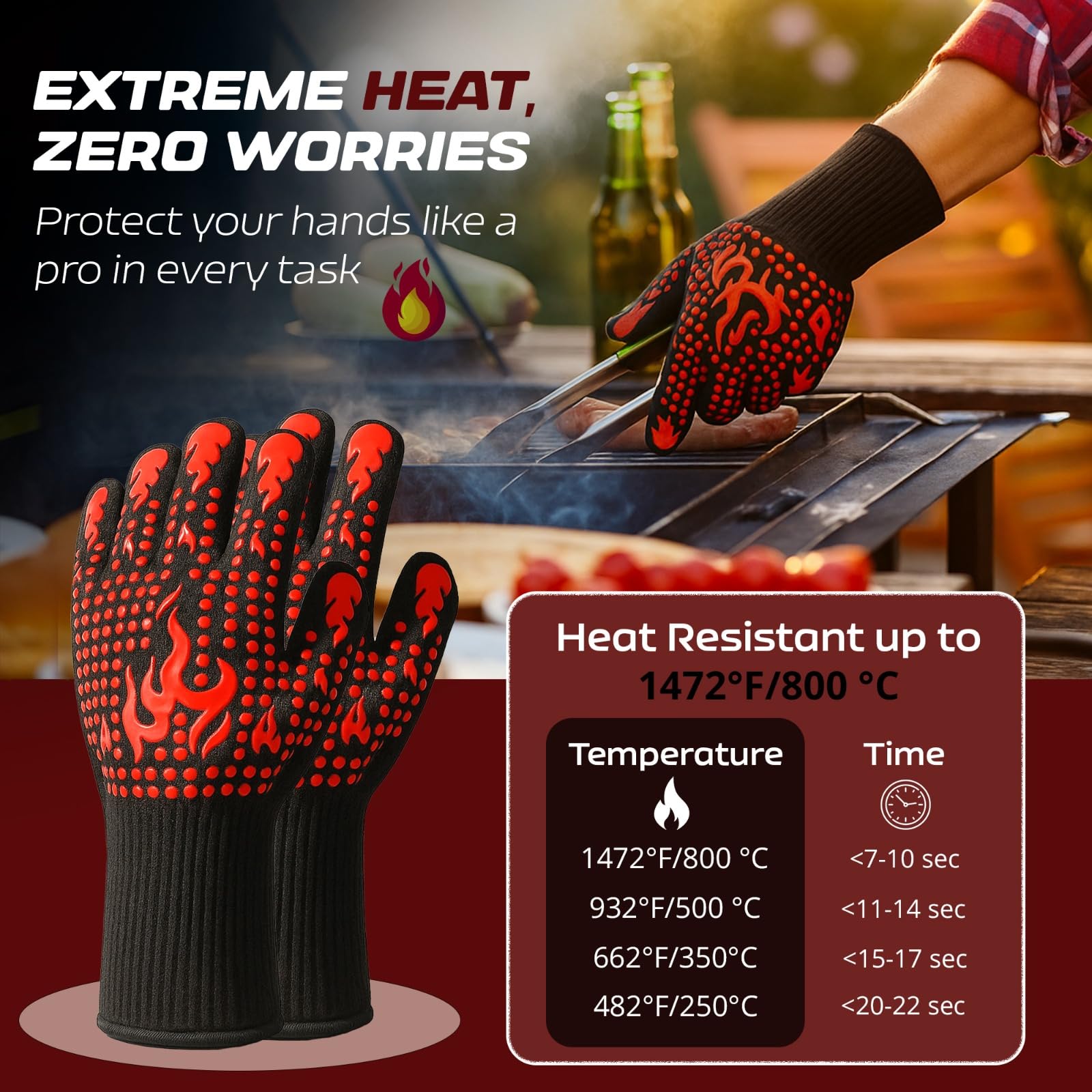 J&A MARTS BBQ Gloves Oven Mitts Grilling, Oven Heat Resistant 1472℉/800°C Waterproof Aramid Gloves with Non-Slip Silicone - Image 3