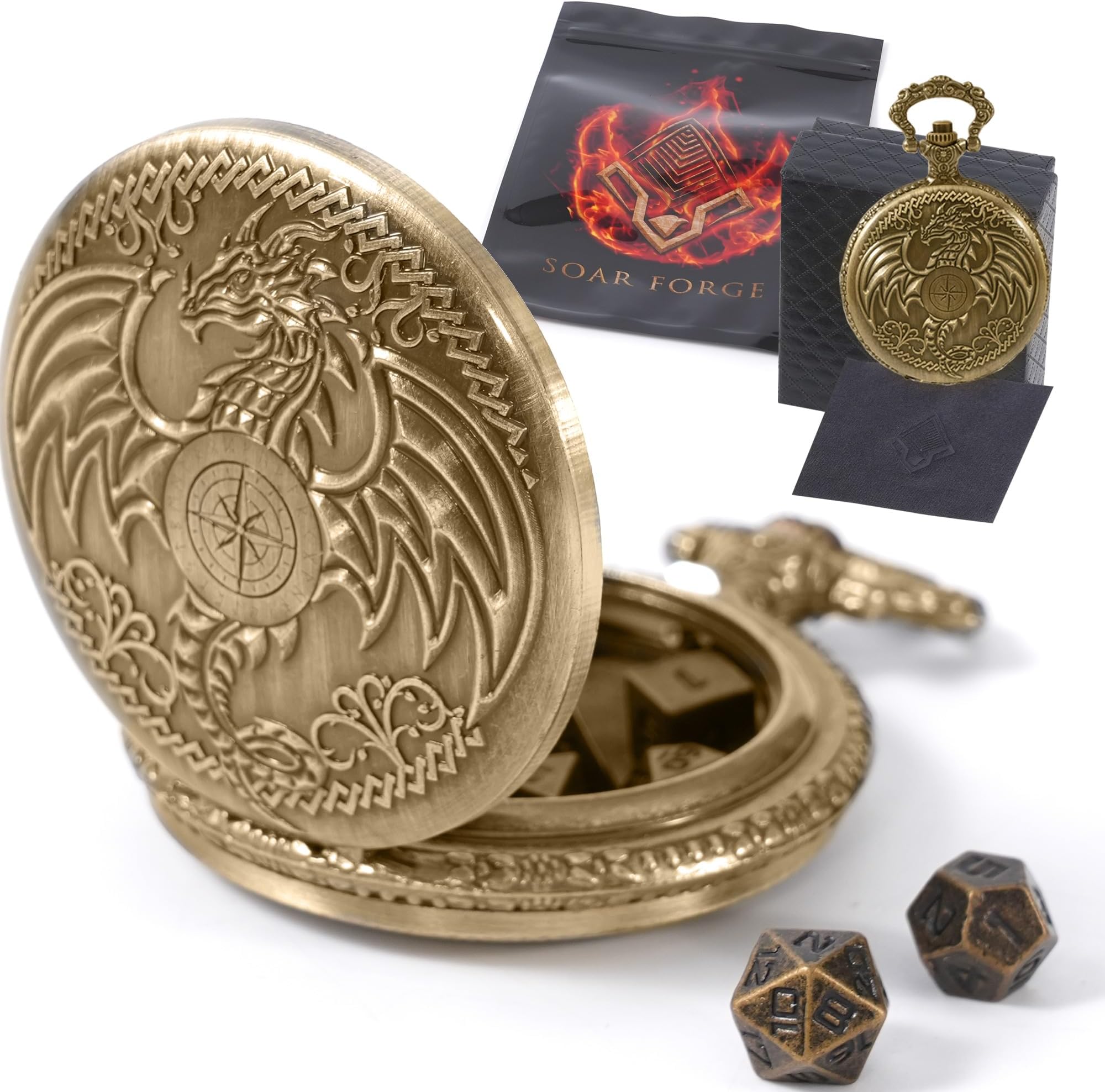Soar Forge Micro Metal DND Dice Set: MiniChrono's Tiny, Mini Dice in a Dragon-Engraved Pocket Watch Case - Portable Dungeons and Dragons (D&D) Accessory for TTRPGs (Dragon Bronze + Bronze Dice)