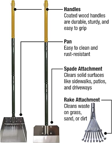 Miniatura 3 de Four Paws Juego de 3 piezas de rastrillo de acero inoxidable de mango largo para excrementos de perro, pala y sartén, herramienta de recolección de