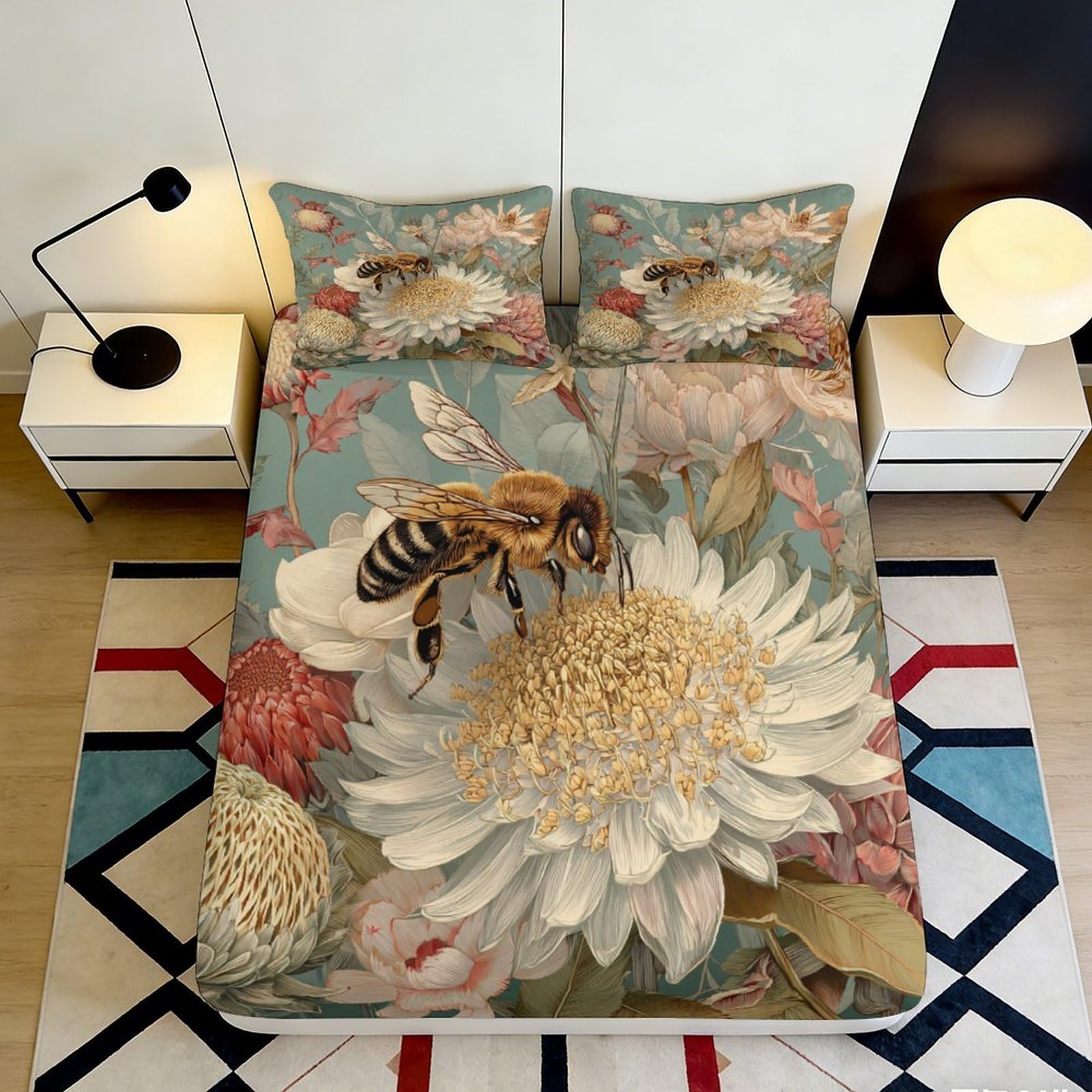 3D Printed Bee Floral Fitted Sheet Microfiber Soft Breathable Insect Mattress Cover for Bedroom Dormitory Guest Room Mattress Protection Decor 140x200x25cm