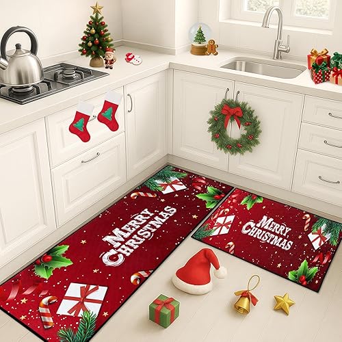 Miniatura 2 de ArtSocket Juego de 2 alfombras y tapetes de cocina antideslizantes, lavables, tapete de camino de cocina con texto en inglés "Merry Christmas",