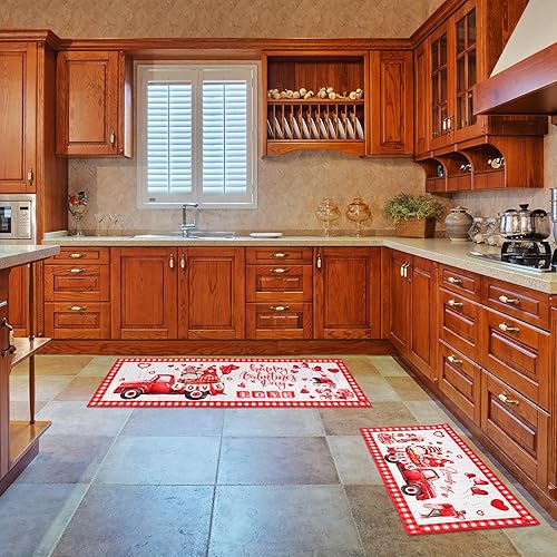 Miniatura 4 de Bencailor 2 tapetes de cocina para el día de San Valentín, diseño de gnomo de bienvenida con corazón rojo, antideslizante, lavable, tapete
