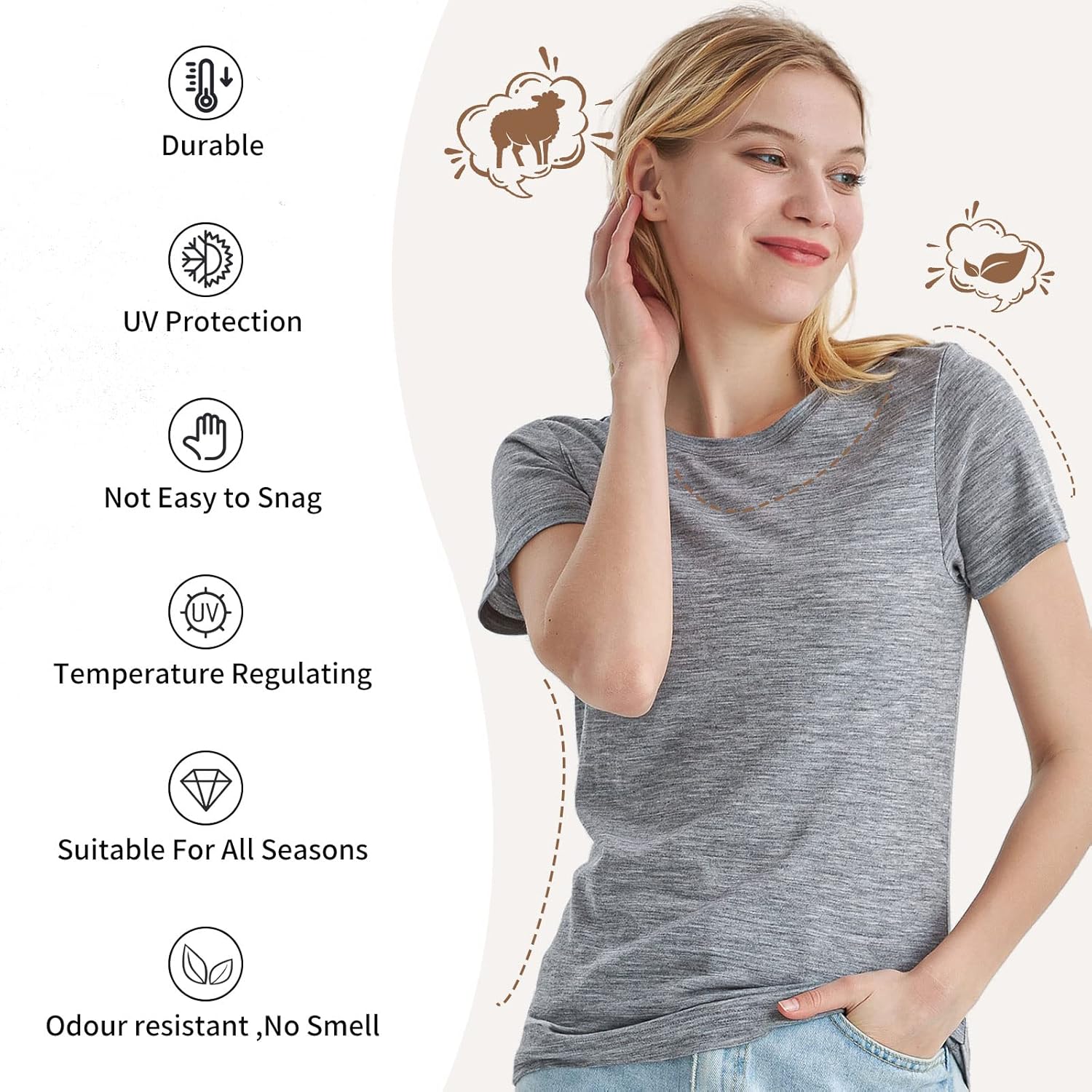 Merino Protect 100% Merino Wool T Shirts Women Crew Neck Tops Short Sleeve Odor Resistance Base Layer Travel Hiking Tee Shirt - Image 3