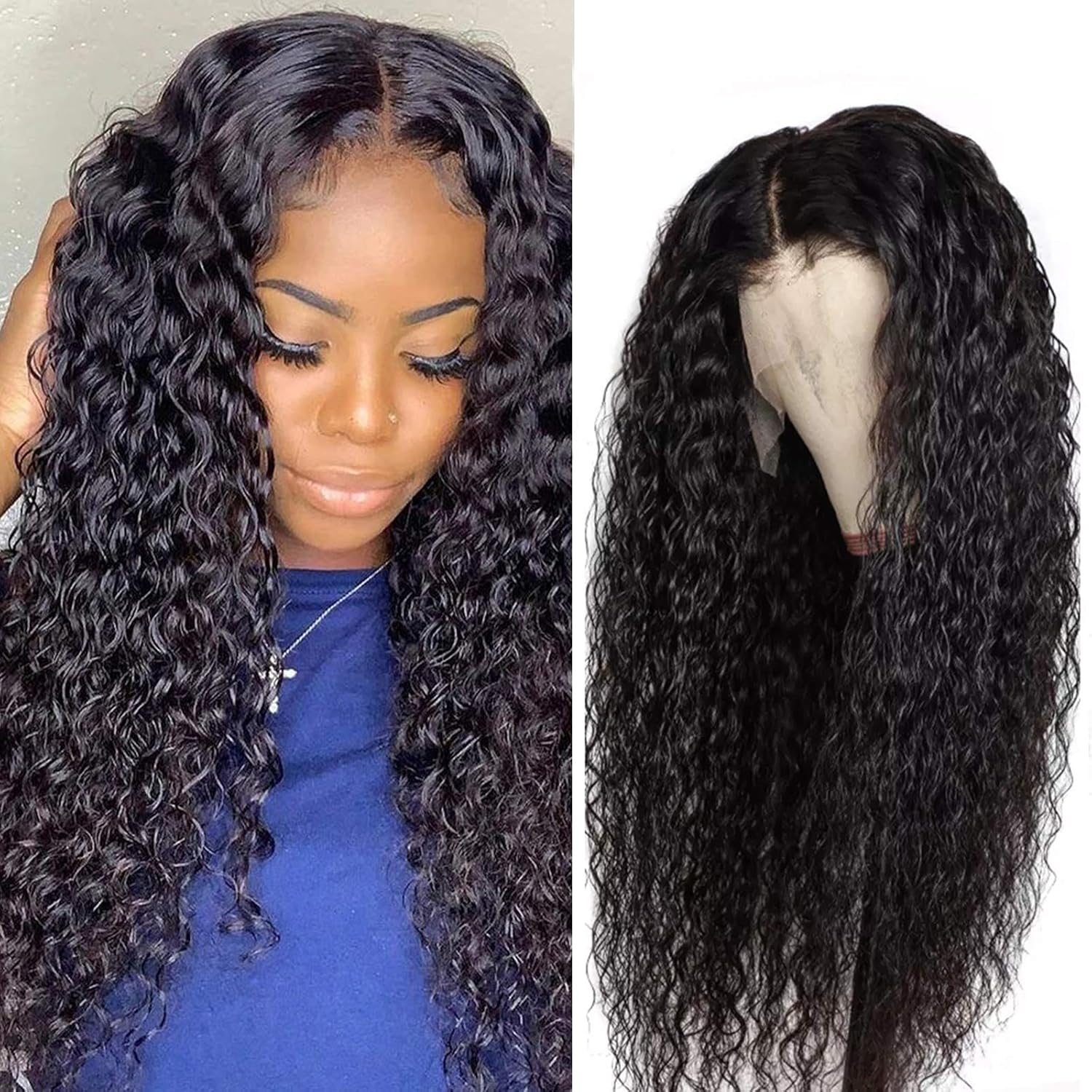 Hair Brazilian Water Wave T Part Lace Front Wigs Human Hair Wigs for Women Pre Plucked with Baby Hair 150% Density Can Be Dyde Lace Wigs (20inch)