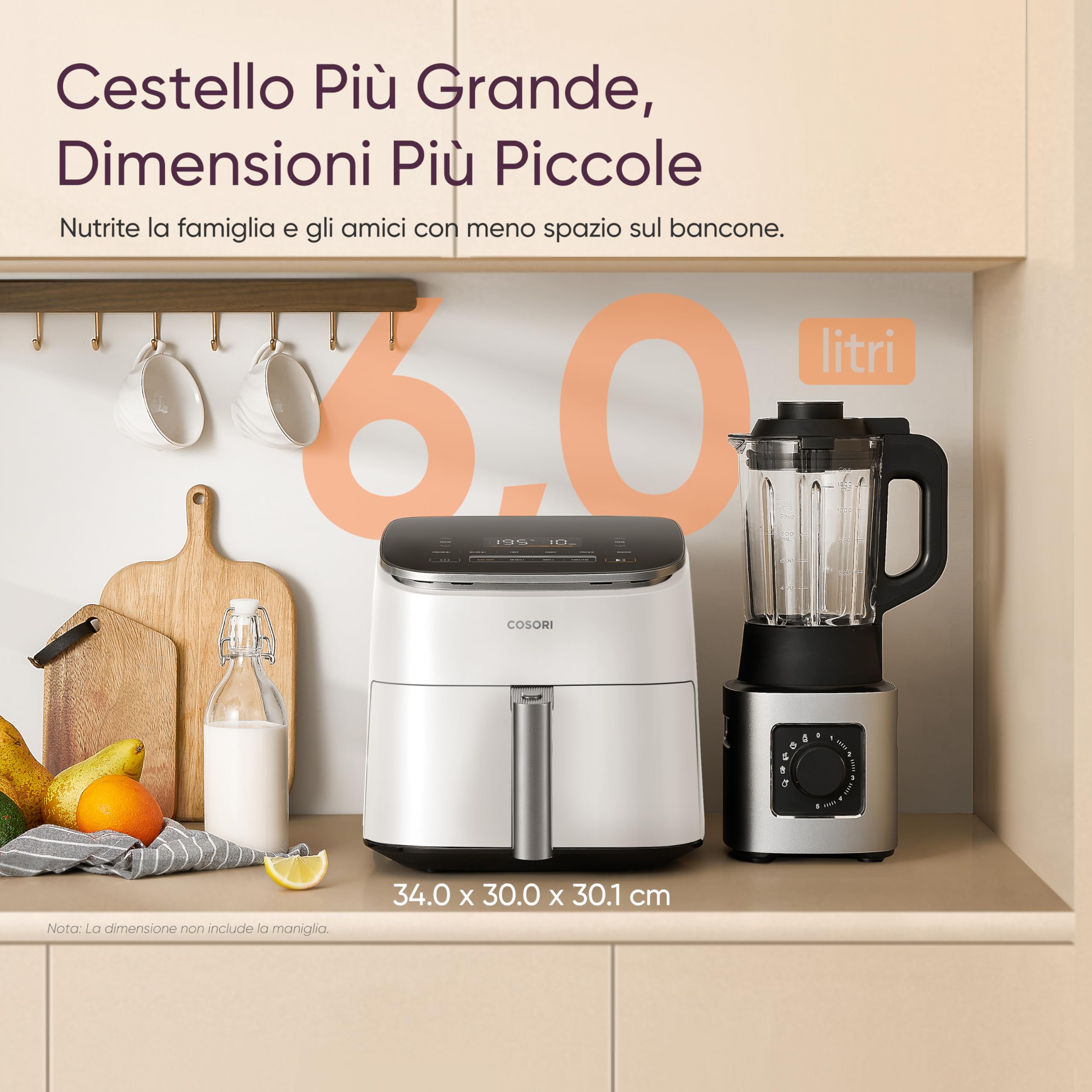 COSORI Friggitrice ad Aria Turbo Blaze 6L (1,36Kg), Air Fryer con DC Motore, 9 + 1 Funzioni & 5 Velocità della Ventola Automatica, 110 Ricette & 96 Tabelle di Cottura degli Ingredienti, 1725W, Bianco