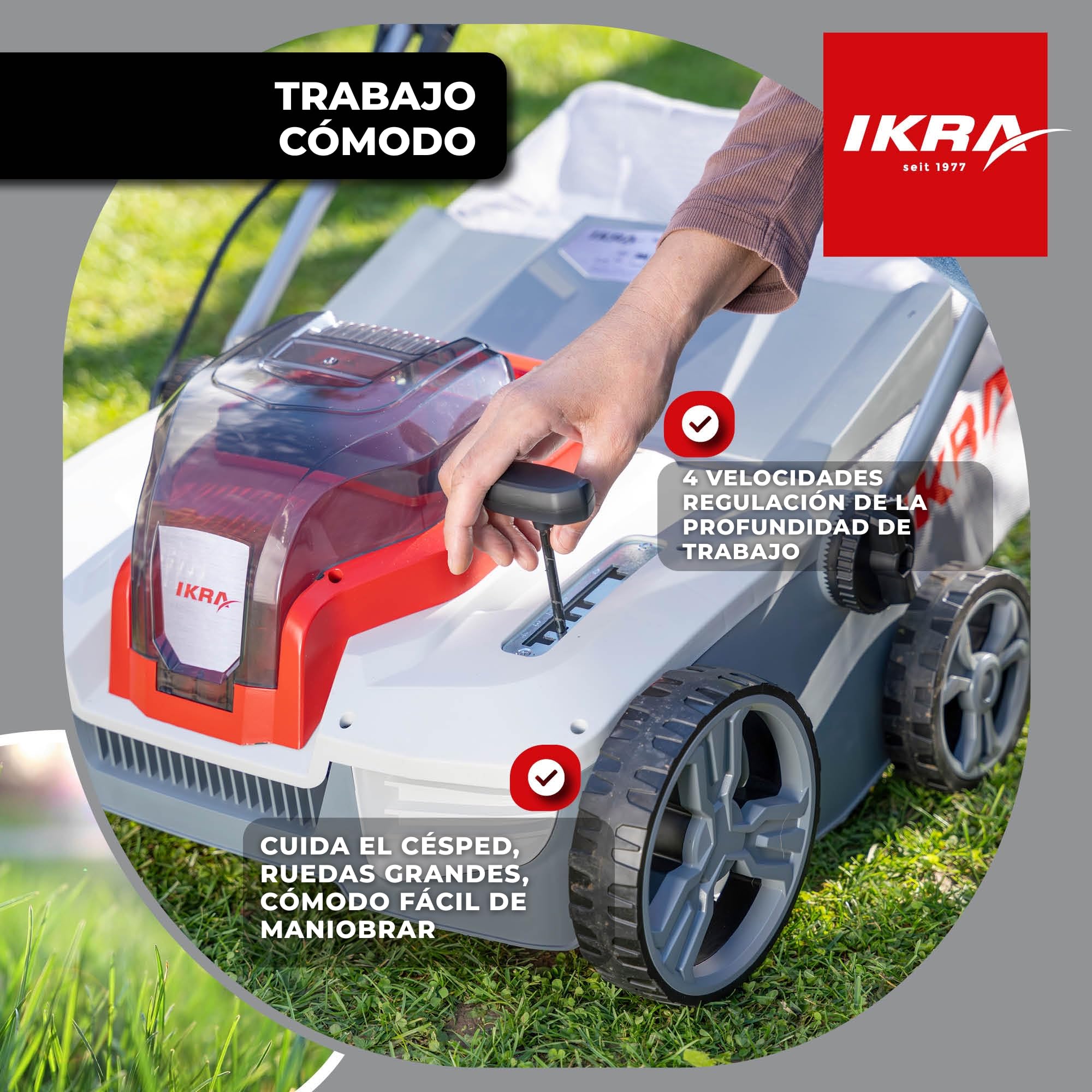 IKRA escarificador y aireador a batería 3 en 1 IAVL 2-2040, ancho 40 cm | Incluye 2 baterías de 20 V y 4 Ah y cargador rápido, cesta de recogida de 40 l, +3 a -12 mm, gama de baterías de 20V de IKRA