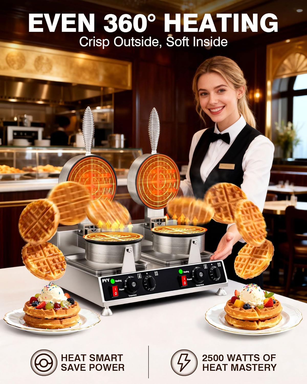 PYY Commercial Waffle Maker - Double-Head Round Waffle Maker, Stainless Steel, Non-stick Electric Large Chaffle Maker for Restaurant Bakery Snack Bar Family, Silver 2500W