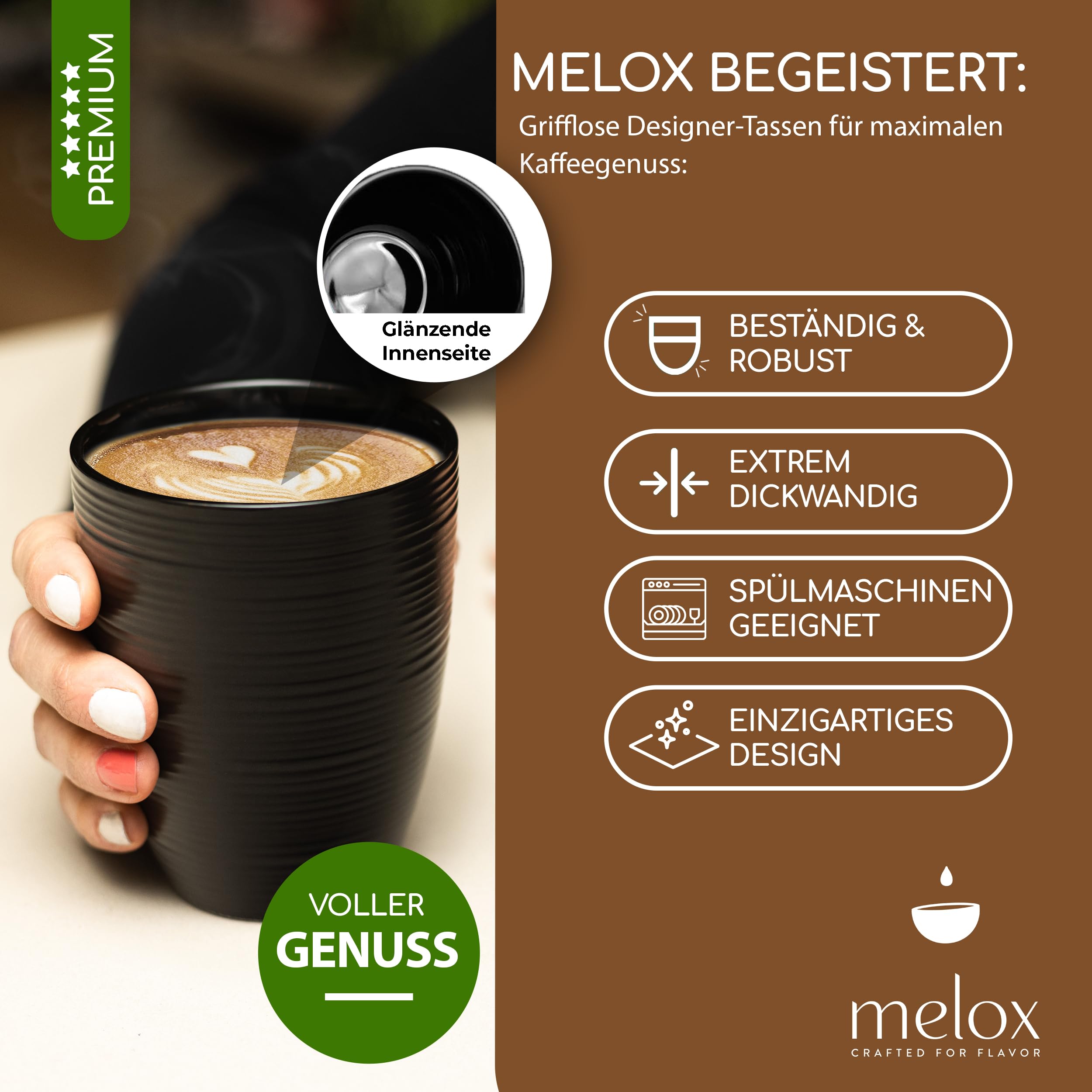 MELOX - Set di 2 tazze da latte macchiato Tornado Line Porcellana Nero senza manico - 2 tazze da 300 ml per latte, caffè e cappuccino a pareti spesse - tazze da caffè in design italiano