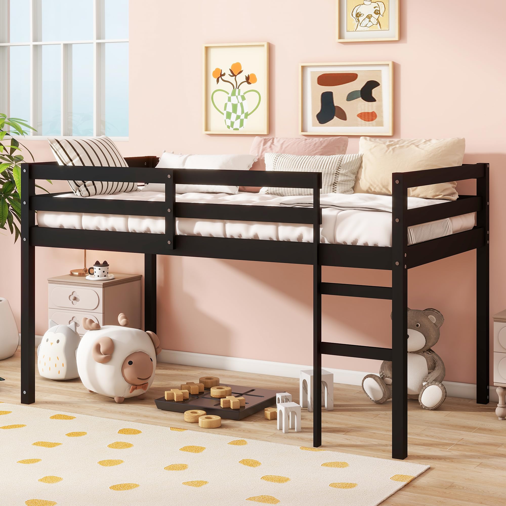 Twin Size Low Loft Bed,Kids Loft Bed with Ladder,Solid Wood Low Loft Bed Twin Size for Girls Boys,Black