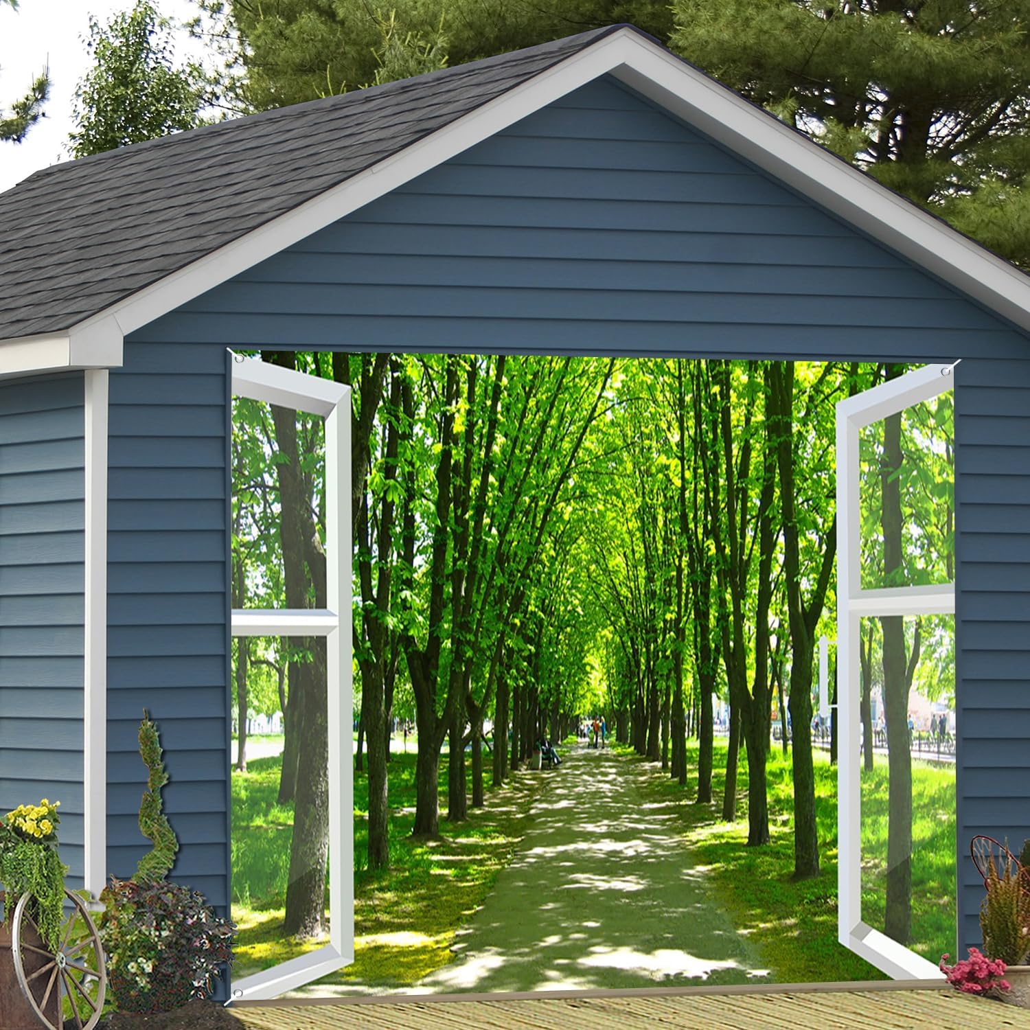 7x8ft Spring Landscape Garage Door Decor White Window Forest Park Garden Green Trees Rural House Road Garage Door Background Natural View Garage Door Decor Backdrop