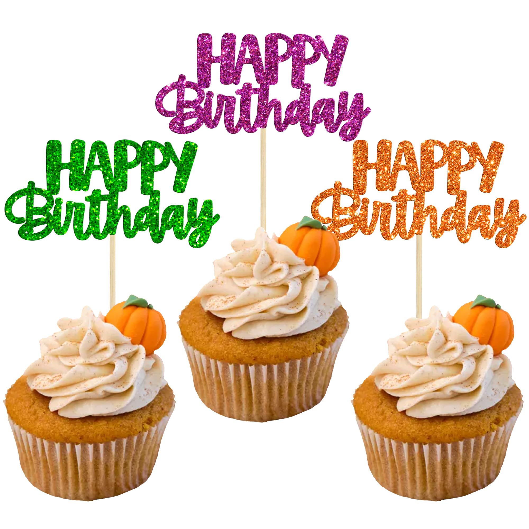 Gyufise 24Pcs Happy Birthday Cupcake Toppers Glitter Birthday Cupcake Food Picks for Celebrating Happy Halloween Theme Party Cake Decorations Supplies Orange Green Purple โ image 1