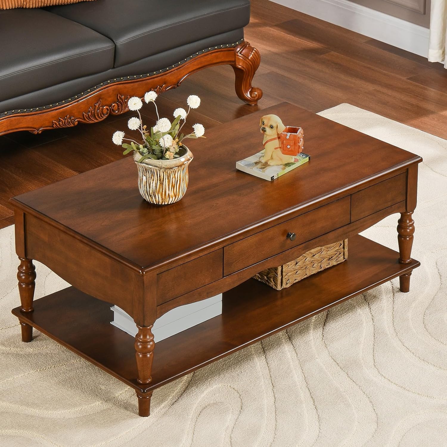 Rustic Coffee Table with 2 Storage Drawers and Shelf, 43.3" Rectangle Farmhouse Center Tea Table with Solid Wood Carved Legs,Classic Living Room Table, No-Tools Assembly Caramel Brown KFZ-C008-DR