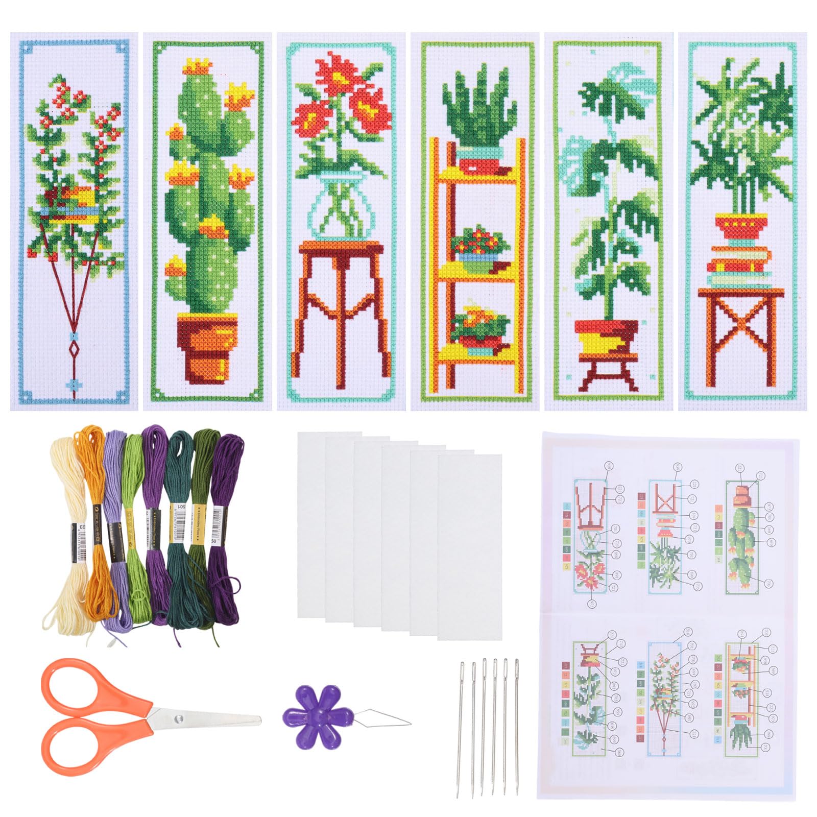 ORIGACH 6 Set Green Plants Cross Stitch Bookmark Kit for Beginner with Backing Felt Floss Instructions DIY Stamped Embroidery Bookmark Kit for Adults, Book Lovers