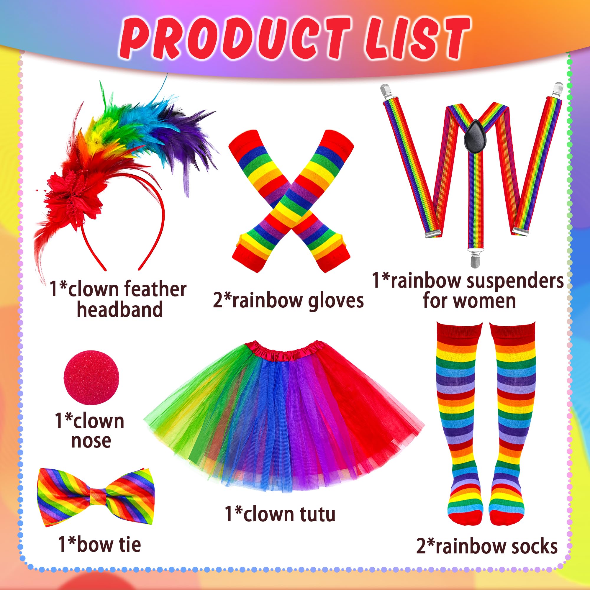 Yezmo 7 PCS Clown Costume Set for Women Feathers Headband Gloves Socks Rainbow Tutu Skirt Y Back Adjustable Suspender Bowtie Nose - Image 3