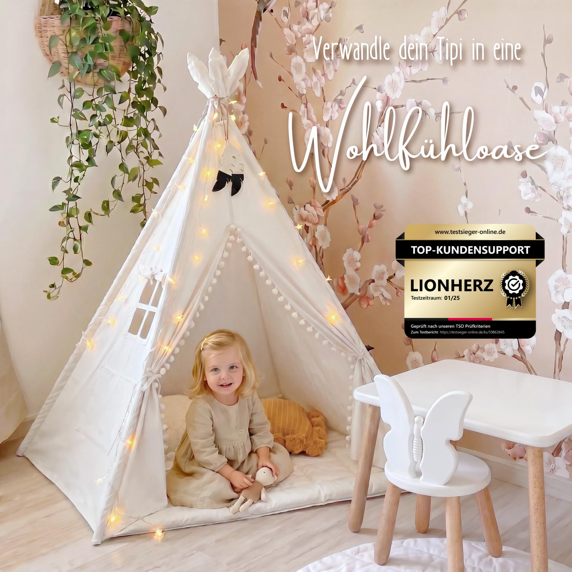 LIONHERZ® Tappetino Tipi con nastri, 120 x 120 cm, coperta imbottita per tenda da gioco/casetta dei giochi, morbida coperta quadrata per bambini, inserto trapuntato/base per legare (bianco brillante)