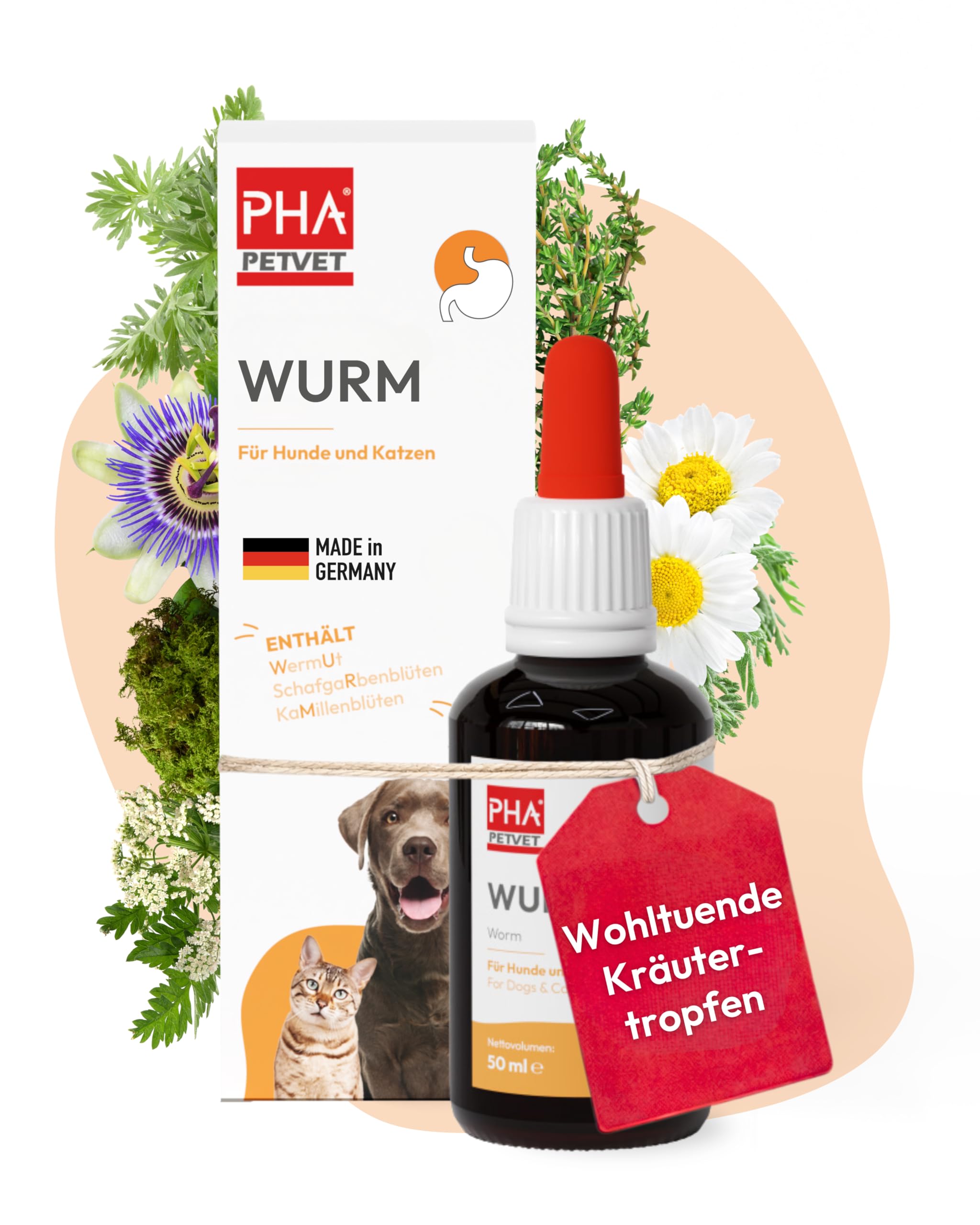 PHA Wurm Tropfen für Hunde & Katzen – Natürliche Wurmkur mit Wermut, Schafgarbe & Thymian (50 ml)