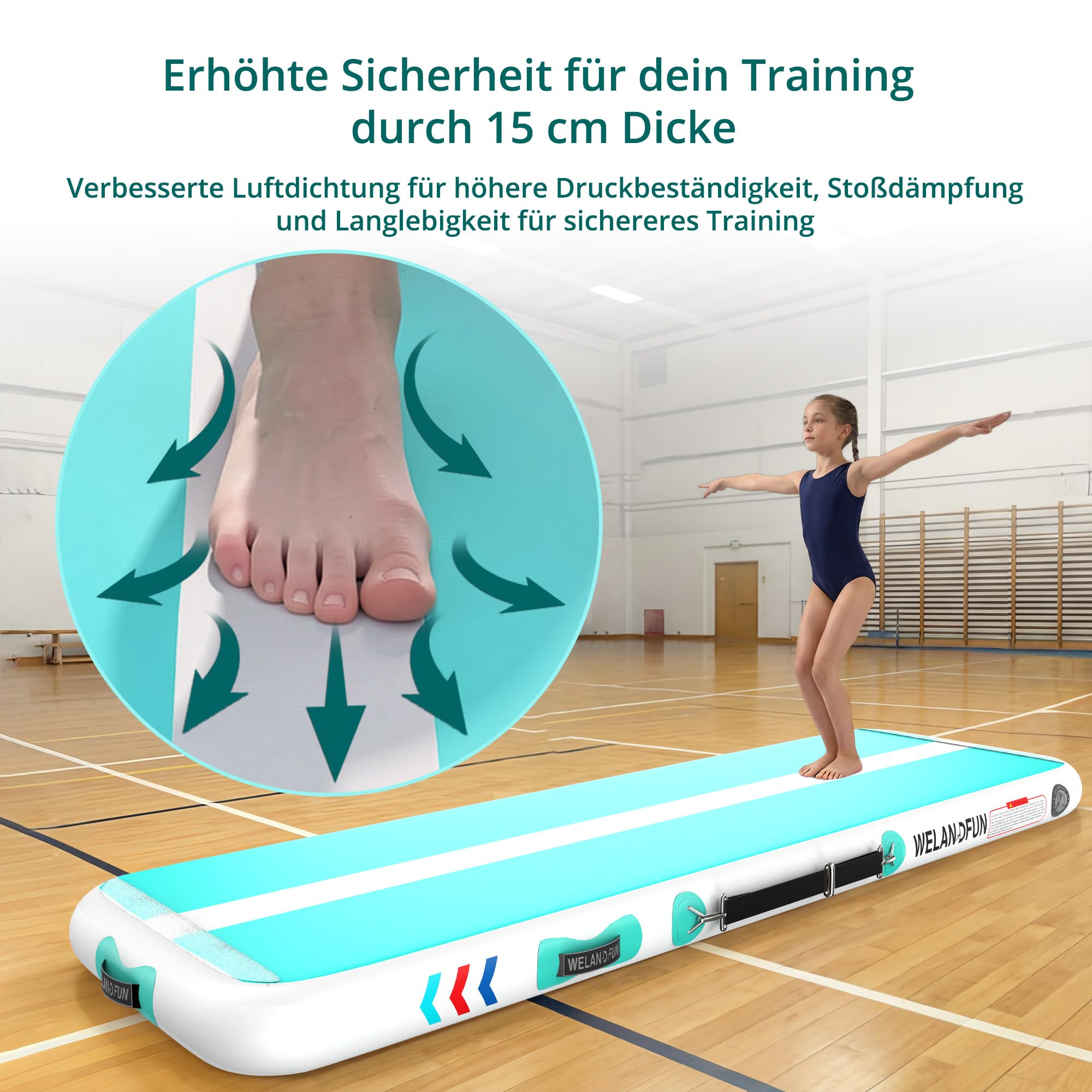 Air Matte Track Turnmatte Aufblasbar 15 / 20cm mit Luftpumpe, 3/4 / 5 / 6m Gymnastikmatte Tumbling Matten, Trainingsmatte für Yoga/Zuhause/Taumel/Turnhalle
