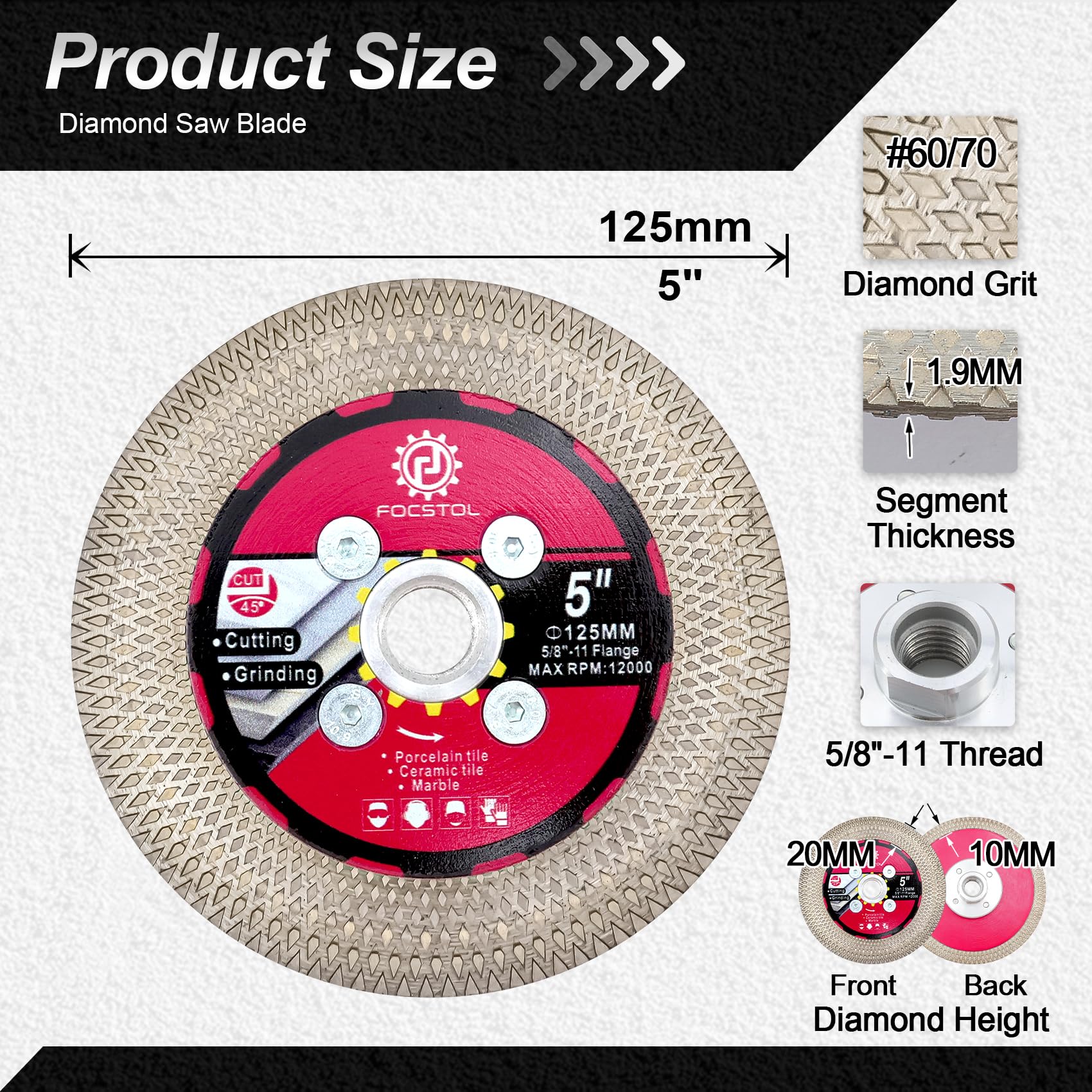 Disque Diamant 125mm FOCSTOL Pour Carrelage Et Pierre - Double Face