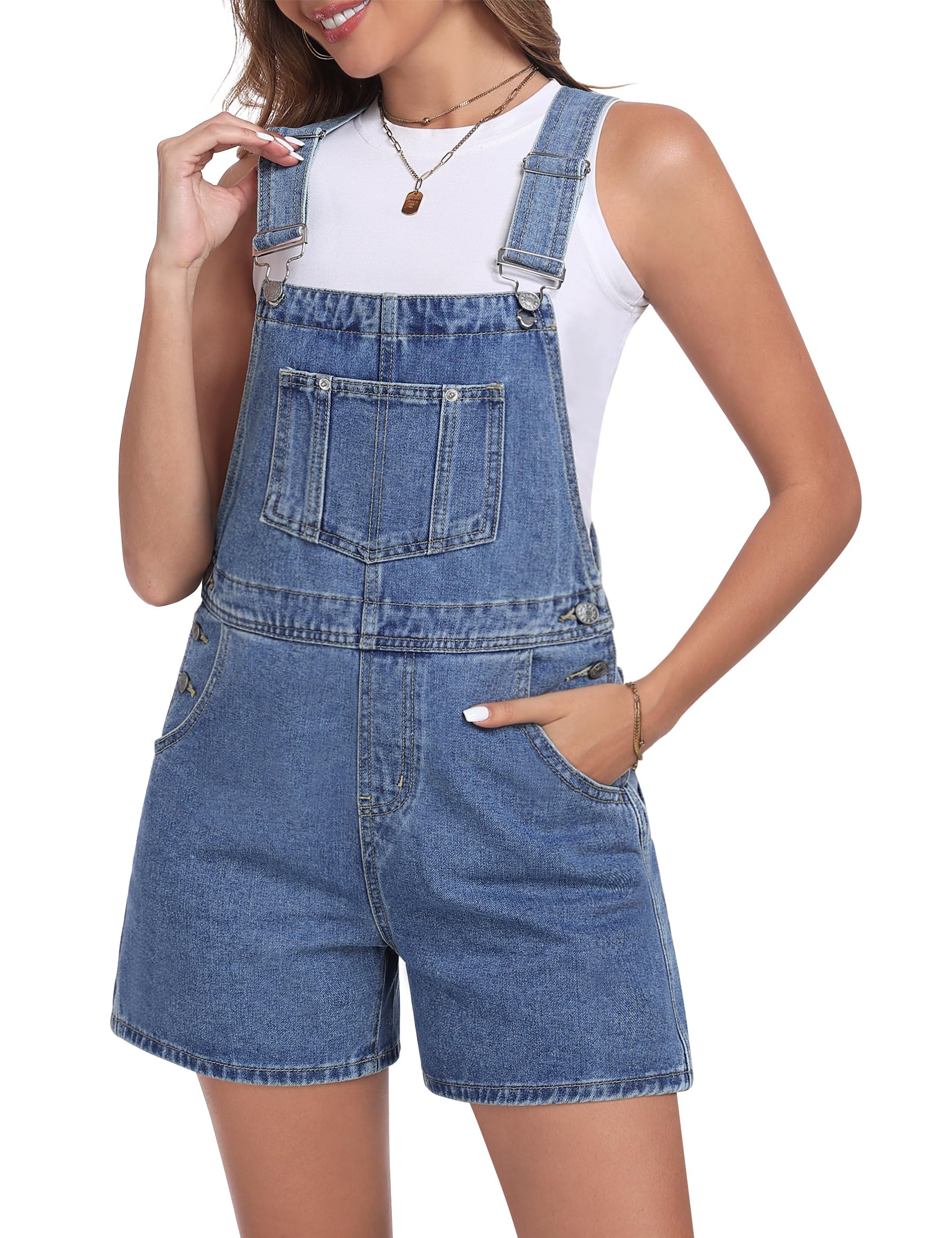 Fengbay Pantalones cortos de mezclilla para mujer, estilo casual, tirantes ajustables, peto, pantalones cortos con bolsillos, trajes de verano